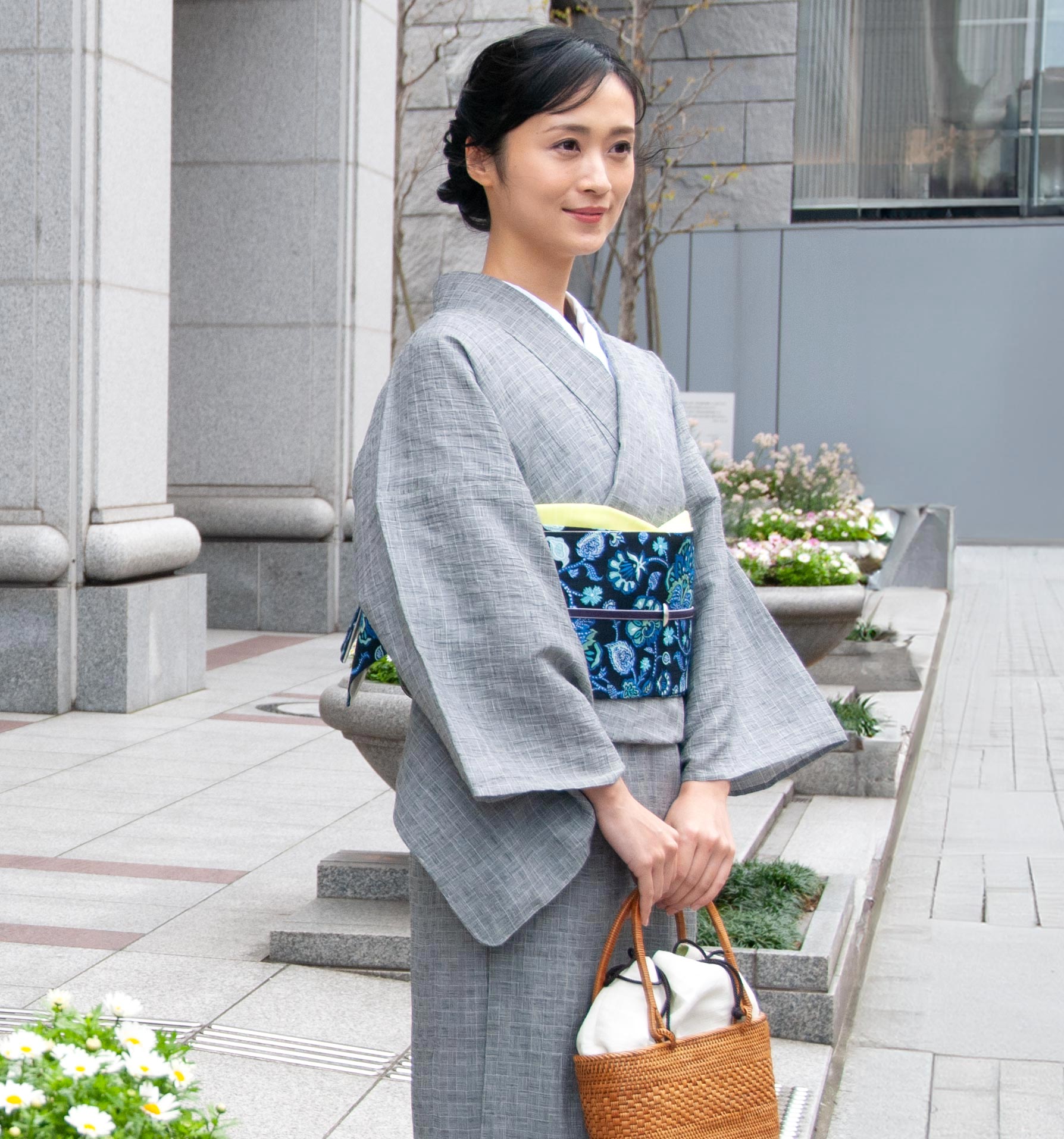 洗える着物　麻楊柳/寄木格子　近江ちぢみ　｜