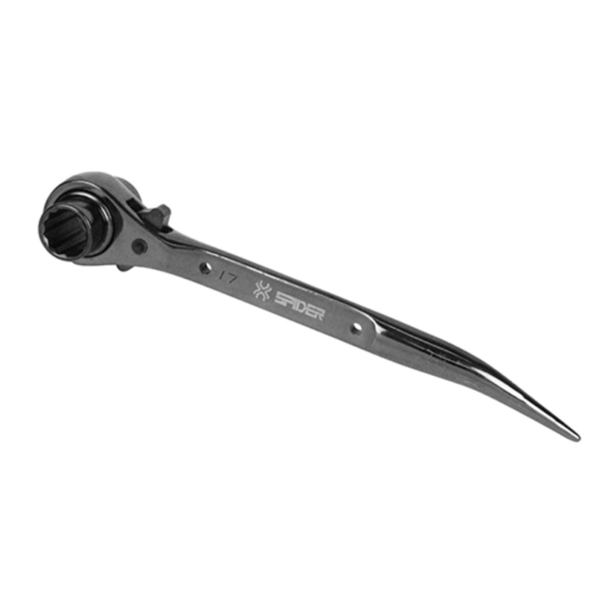 SK11 SPD R 17 19 S 両口 ラチェット レンチ ガチャ ガンメタ 曲り シノ付 ショート 落下防止用穴付 SPIDER 藤原産業