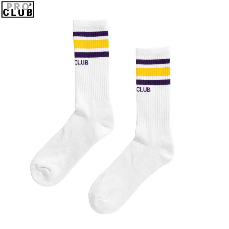 PRO CLUB プロクラブ #03PC0902 -STRIPE CREW SOCK- ソックス Color: WHITE-PURPLE-YELLOW