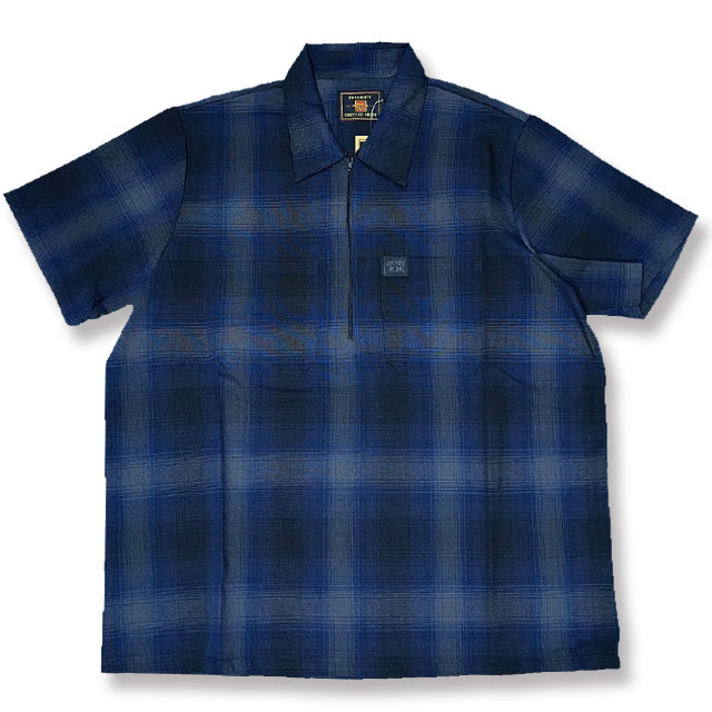 乐天商城 - FB COUNTY エフビーカウンティ ZIP CHECKER FLANNEL SHORT SLEEVE SHIRTS ハーフジップ 半袖シャツ ROYAL/BLACK/GREY