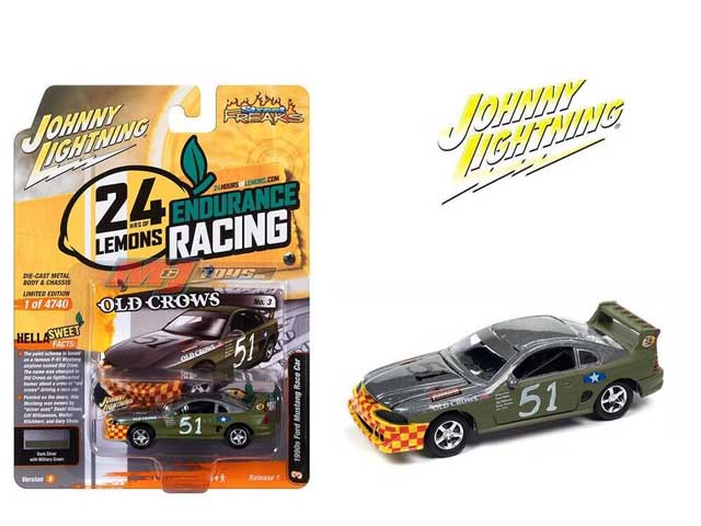 JL-190 JOHNNY LIGHTNING 1990s Ford Mustang Race Car in Dark Silver and Army Green with Old Crows Graphics – 24hrs of LeMons