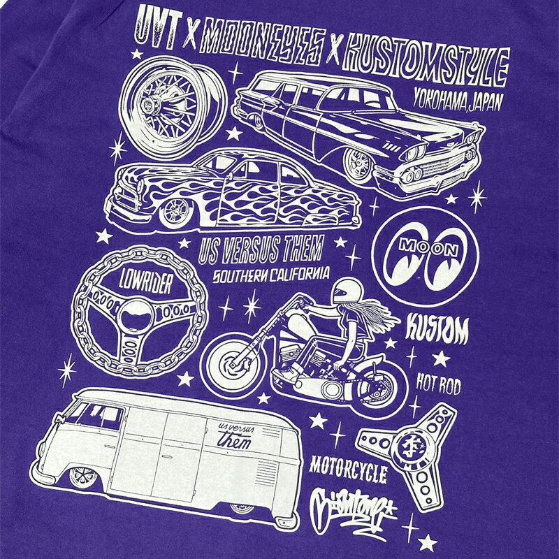 KUSTOMSTYLE カスタムスタイル x MOONEYES x US VERSUS THEM コラボレーション KSMEUVT005LTPU LONG SLEVE T-SHIRTS COLOR-PURPLE ロンT 長袖 ARTWORK by MIKE GIANT 3