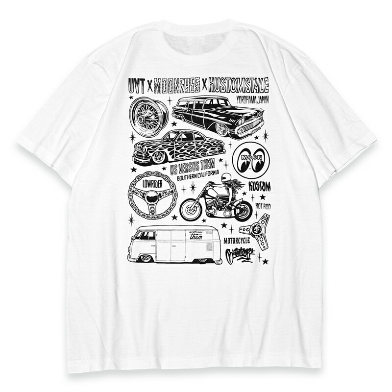 楽天KUSTOMSTYLE SO-CALKUSTOMSTYLE カスタムスタイル x MOONEYES x US VERSUS THEM コラボレーション Tシャツ KSMEUVT005TWH COLOR-WHITE ARTWORK by MIKE GIANT