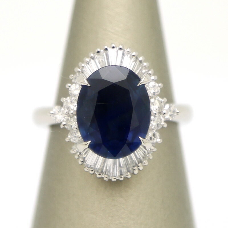 【楠本質店/元住吉】Pt900 サファイア&ダイア リング サファイア3.30ct/ダイヤ0.59ct 11号 ソーティング付【中古】