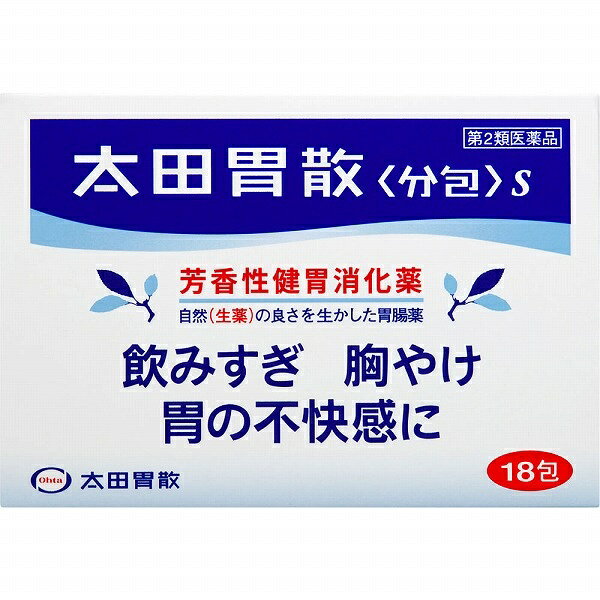 【医薬品のご購入について】ご購入の前に、添付文書（商品説明の「使用上の注意」）を必ずお読みください。ご注文時の確認項目のご回答により、薬剤師または登録販売者からご連絡することがあります。ご不明な点は、当店の薬剤師・登録販売者へご相談ください（くすのき薬局 TEL 043-304-2001 受付 10:00～17:00）。商品名 【第2類医薬品】太田胃散〈分包〉S 18包 効能・効果 飲み過ぎ、胸やけ、胃部不快感、胃弱、胃もたれ、食べ過ぎ、胃痛、消化不良、消化促進、食欲不振、胃酸過多、胃部・腹部膨満感、吐き気（胃のむかつき、二日酔・悪酔のむかつき、悪心）、嘔吐、胸つかえ、げっぷ、胃重 用法・用量 次の量を食後又は食間に水又はぬるま湯で服用してください。 ［年齢：1回量：1日服用回数］ 成人（15歳以上）：1包：3回 8〜14歳：1／2包：3回 8歳未満：服用しないこと ※食間とは食後2〜3時間のことをいいます。 用法関連注意 小児に服用させる場合には、保護者の指導監督のもとに服用させてください。 成分・分量 1日量（3包）中 成分 ｜ 分量 ケイヒ ｜ 276mg ウイキョウ ｜ 72mg ニクズク ｜ 60mg チョウジ ｜ 36mg チンピ ｜ 66mg ゲンチアナ ｜ 45mg ニガキ末 ｜ 45mg 炭酸水素ナトリウム ｜ 1875mg 沈降炭酸カルシウム ｜ 980mg 合成ヒドロタルサイト ｜ 300mg ビオヂアスターゼ ｜ 135mg 添加物 l-メントール、炭酸マグネシウム 使用上の注意 ■してはいけないこと （守らないと現在の症状が悪化したり、副作用が起こりやすくなります） 1．次の人は服用しないでください 透析療法を受けている人。 2．長期連用しないでください ■相談すること 1．次の人は服用前に医師、薬剤師又は登録販売者に相談してください （1）医師の治療を受けている人。 （2）薬などによりアルレギー症状を起こしたことがある人。 （3）次の診断を受けた人。 腎臓病、甲状腺機能障害 2．服用後、次の症状があらわれた場合は副作用の可能性があるので、直ちに服用を中止し、この説明書を持って医師、薬剤師又は登録販売者に相談してください ［関係部位：症状］ 皮膚：発疹・発赤、かゆみ 3．2週間位服用しても症状がよくならない場合は服用を中止し、この説明書を持って医師、薬剤師又は登録販売者に相談してください 保管及び取扱い上の注意 （1）直射日光の当たらない湿気の少ない涼しい所に保管してください。 （2）小児の手の届かない所に保管してください。 （3）他の容器に入れ替えないでください。 （誤用の原因になったり品質が変わることがあります。） （4）1包を分割した残りを服用する場合には、袋の口を折り返して保管し、2日以内に服用してください。 （5）使用期限を過ぎた製品は服用しないでください。 製造販売会社 （株）太田胃散 会社名：株式会社太田胃散 住所：東京都文京区千石2-3-2 消費者相談窓口 会社名：株式会社太田胃散 問い合わせ先：お客様相談室 電話：（03）3944-1311（代表） 受付時間：9：30〜17：00（土、日、祝日等を除く） その他：使用上の注意 ■してはいけないこと （守らないと現在の症状が悪化したり、副作用が起こりやすくなります） 1．次の人は服用しないでください 透析療法を受けている人。 2．長期連用しないでください ■相談すること 1．次の人は服用前に医師、薬剤師又は登録販売者に相談してください （1）医師の治療を受けている人。 （2）薬などによりアルレギー症状を起こしたことがある人。 （3）次の診断を受けた人。 腎臓病、甲状腺機能障害 2．服用後、次の症状があらわれた場合は副作用の可能性があるので、直ちに服用を中止し、この説明書を持って医師、薬剤師又は登録販売者に相談してください ［関係部位：症状］ 皮膚：発疹・発赤、かゆみ 3．2週間位服用しても症状がよくならない場合は服用を中止し、この説明書を持って医師、薬剤師又は登録販売者に相談してください 保管及び取扱い上の注意 （1）直射日光の当たらない湿気の少ない涼しい所に保管してください。 （2）小児の手の届かない所に保管してください。 （3）他の容器に入れ替えないでください。 （誤用の原因になったり品質が変わることがあります。） （4）1包を分割した残りを服用する場合には、袋の口を折り返して保管し、2日以内に服用してください。 （5）使用期限を過ぎた製品は服用しないでください。