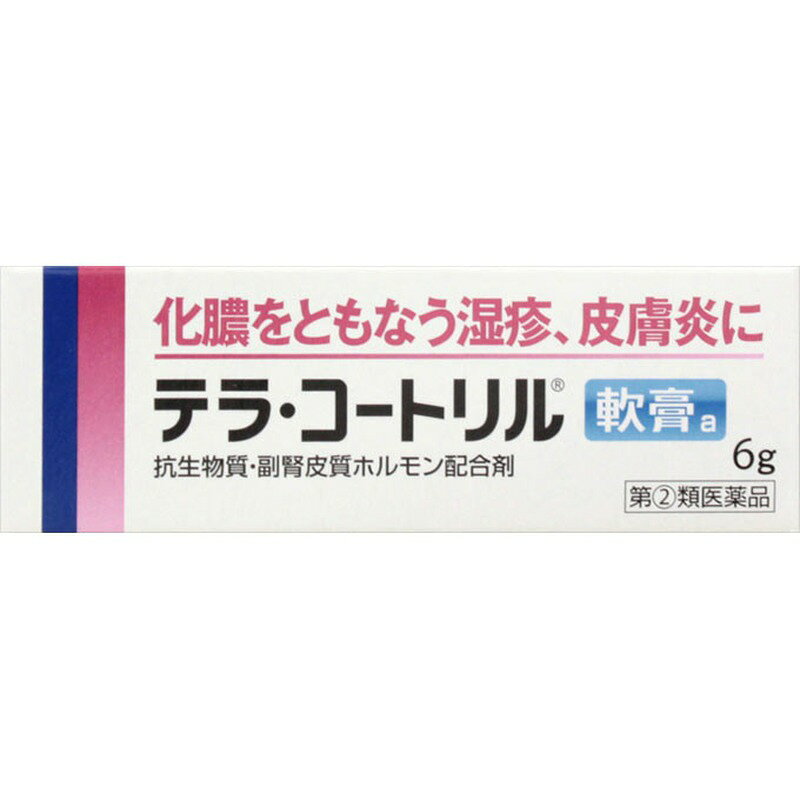 【医薬品のご購入について】ご購入の前に、添付文書（商品説明の「使用上の注意」）を必ずお読みください。ご注文時の確認項目のご回答により、薬剤師または登録販売者からご連絡することがあります。ご不明な点は、当店の薬剤師・登録販売者へご相談ください（くすのき薬局 TEL 043-304-2001 受付 10:00～17:00）。商品名 【指定第2類医薬品】テラ・コートリル軟膏a 6g 効能・効果 化膿を伴う次の諸症：湿疹、皮膚炎、あせも、かぶれ、しもやけ、虫さされ、じんましん化膿性皮膚疾患（とびひ、めんちょう、毛のう炎） 用法・用量 1日1〜数回、適量を患部に塗布するかガーゼなどにのばして貼付してください。 用法関連注意 （1）用法・用量を厳守してください。（2）小児に使用させる場合には、保護者の指導監督のもとに使用させてください。（3）目に入らないよう注意してください。万一、目に入った場合には、すぐに水又はぬるま湯で洗ってください。なお、症状が重い場合には、眼科医の診療を受けてください。（4）外用にのみ使用してください。（5）この医薬品を塗布後、患部をラップフィルム等の通気性の悪いものでおおわないでください。 成分・分量 1g中 オキシテトラサイクリン塩酸塩30mg(力価) ヒドロコルチゾン10mg 添加物 白色ワセリン（抗酸化剤としてBHTを含む）、流動パラフィン 使用上の注意 ■してはいけないこと【守らないと現在の症状が悪化したり、副作用が起こりやすくなります】 1．次の人は使用しないでください（1）本剤又は本剤の成分によりアレルギー症状を起こしたことがある人。（2）抗生物質又は副腎皮質ホルモンによりアレルギー症状を起こしたことがある人。2．次の部位には使用しないでください（1）水痘（水ぼうそう）、みずむし・たむし等のある患部。（2）湿潤やただれのひどい患部。（3）深い傷やひどいやけどの患部。（4）目や目の周囲。3．顔面には、広範囲に使用しないでください4．化粧用やひげそり後用として使用しないでください5．長期連用しないでください ■相談すること 1．次の人は使用前に医師、薬剤師又は登録販売者に相談してください（1）医師の治療を受けている人。（2）妊婦又は妊娠していると思われる人。（3）授乳中の人。（4）薬などによりアレルギー症状を起こしたことがある人。（5）患部が広範囲の人。（6）小児。2．使用後、次の症状があらわれた場合は副作用の可能性があるので、直ちに使用を中止し、この文書を持って医師、薬剤師又は登録販売者に相談してください［関係部位：症状］皮膚：発疹・発赤、かゆみ皮膚（患部）：みずむし・たむし等の白癬症、にきび、化膿症状、持続的な刺激感3．5〜6日間使用しても症状がよくならない場合は使用を中止し、この文書を持って医師、薬剤師又は登録販売者に相談してください 保管及び取扱い上の注意 （1）直射日光の当たらない湿気の少ない涼しい所に密栓して保管してください。（2）小児の手の届かない所に保管してください。（3）他の容器に入れ替えないでください。（誤用の原因になったり品質が変わります。）（4）使用期限（外箱及びチューブに記載）をすぎた製品は使用しないでください。（5）本剤は黄色の軟膏ですので、衣服への付着に注意してください。 製造販売会社 陽進堂ホールディングス株式会社 939-2723 富山県富山市婦中町萩島3697番地の8 販売会社 JNTLコンシューマーヘルス株式会社 消費者相談窓口 会社名：JNTLコンシューマーヘルス株式会社問い合わせ先：お客様相談室電話：0120-101110受付時間：9：00〜17：00（土、日、祝日を除く）使用上の注意 ■してはいけないこと【守らないと現在の症状が悪化したり、副作用が起こりやすくなります】 1．次の人は使用しないでください（1）本剤又は本剤の成分によりアレルギー症状を起こしたことがある人。（2）抗生物質又は副腎皮質ホルモンによりアレルギー症状を起こしたことがある人。2．次の部位には使用しないでください（1）水痘（水ぼうそう）、みずむし・たむし等のある患部。（2）湿潤やただれのひどい患部。（3）深い傷やひどいやけどの患部。（4）目や目の周囲。3．顔面には、広範囲に使用しないでください4．化粧用やひげそり後用として使用しないでください5．長期連用しないでください ■相談すること 1．次の人は使用前に医師、薬剤師又は登録販売者に相談してください（1）医師の治療を受けている人。（2）妊婦又は妊娠していると思われる人。（3）授乳中の人。（4）薬などによりアレルギー症状を起こしたことがある人。（5）患部が広範囲の人。（6）小児。2．使用後、次の症状があらわれた場合は副作用の可能性があるので、直ちに使用を中止し、この文書を持って医師、薬剤師又は登録販売者に相談してください［関係部位：症状］皮膚：発疹・発赤、かゆみ皮膚（患部）：みずむし・たむし等の白癬症、にきび、化膿症状、持続的な刺激感3．5〜6日間使用しても症状がよくならない場合は使用を中止し、この文書を持って医師、薬剤師又は登録販売者に相談してください 用法関連注意 （1）用法・用量を厳守してください。（2）小児に使用させる場合には、保護者の指導監督のもとに使用させてください。（3）目に入らないよう注意してください。万一、目に入った場合には、すぐに水又はぬるま湯で洗ってください。なお、症状が重い場合には、眼科医の診療を受けてください。（4）外用にのみ使用してください。（5）この医薬品を塗布後、患部をラップフィルム等の通気性の悪いものでおおわないでください。 保管及び取扱い上の注意 （1）直射日光の当たらない湿気の少ない涼しい所に密栓して保管してください。（2）小児の手の届かない所に保管してください。（3）他の容器に入れ替えないでください。（誤用の原因になったり品質が変わります。）（4）使用期限（外箱及びチューブに記載）をすぎた製品は使用しないでください。（5）本剤は黄色の軟膏ですので、衣服への付着に注意してください。
