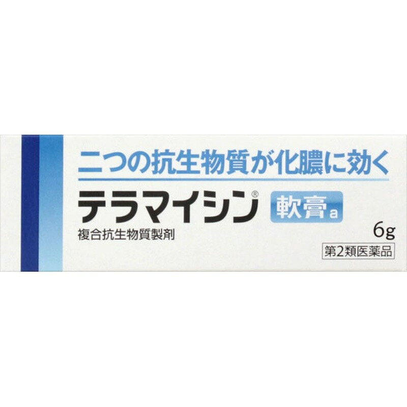 【医薬品のご購入について】ご購入の前に、添付文書（商品説明の「使用上の注意」）を必ずお読みください。ご注文時の確認項目のご回答により、薬剤師または登録販売者からご連絡することがあります。ご不明な点は、当店の薬剤師・登録販売者へご相談ください（くすのき薬局 TEL 043-304-2001 受付 10:00～17:00）。商品名 【第2類医薬品】テラマイシン軟膏a 6g 効能・効果 化膿性皮膚疾患（とびひ、めんちょう、毛のう炎） 用法・用量 1日1〜数回、適量を患部に塗布するかガーゼなどにのばして貼付してください。 用法関連注意 （1）用法・用量を厳守してください。（2）小児に使用させる場合には、保護者の指導監督のもとに使用させてください。（3）目に入らないよう注意してください。万一、目に入った場合には、すぐに水又はぬるま湯で洗ってください。なお、症状が重い場合には、眼科医の診療を受けてください。（4）外用にのみ使用してください。 成分・分量 1g中 オキシテトラサイクリン塩酸塩30mg(力価) ポリミキシンB硫酸塩10000単位 添加物 白色ワセリン（抗酸化剤としてBHTを含む）、流動パラフィン 使用上の注意 ■してはいけないこと【守らないと現在の症状が悪化したり、副作用が起こりやすくなります】 1．次の人は使用しないでください（1）本剤又は本剤の成分によりアレルギー症状を起こしたことがある人。（2）抗生物質によりアレルギー症状を起こしたことがある人。2．次の部位には使用しないでください（1）湿潤やただれのひどい患部。（2）深い傷やひどいやけどの患部。（3）目や目の周囲。3．長期連用しないでください ■相談すること 1．次の人は使用前に医師、薬剤師又は登録販売者に相談してください（1）医師の治療を受けている人。（2）薬などによりアレルギー症状を起こしたことがある人。（3）患部が広範囲の人。2．使用後、次の症状があらわれた場合は副作用の可能性があるので、直ちに使用を中止し、この文書を持って医師、薬剤師又は登録販売者に相談してください［関係部位：症状］皮膚：発疹・発赤、かゆみ3．5〜6日間使用しても症状がよくならない場合は使用を中止し、この文書を持って医師、薬剤師又は登録販売者に相談してください 保管及び取扱い上の注意 （1）直射日光の当たらない湿気の少ない涼しい所に密栓して保管してください。（2）小児の手の届かない所に保管してください。（3）他の容器に入れ替えないでください。（誤用の原因になったり品質が変わります。）（4）使用期限（外箱及びチューブに記載）をすぎた製品は使用しないでください。（5）本剤は黄色の軟膏ですので、衣服への付着に注意してください。 製造販売会社 陽進堂ホールディングス株式会社 939-2723 富山県富山市婦中町萩島3697番地の8 販売会社 JNTLコンシューマーヘルス株式会社 消費者相談窓口 会社名：JNTLコンシューマーヘルス株式会社問い合わせ先：お客様相談室電話：0120-101110受付時間：9：00〜17：00（土、日、祝日を除く）使用上の注意 ■してはいけないこと【守らないと現在の症状が悪化したり、副作用が起こりやすくなります】 1．次の人は使用しないでください（1）本剤又は本剤の成分によりアレルギー症状を起こしたことがある人。（2）抗生物質によりアレルギー症状を起こしたことがある人。2．次の部位には使用しないでください（1）湿潤やただれのひどい患部。（2）深い傷やひどいやけどの患部。（3）目や目の周囲。3．長期連用しないでください ■相談すること 1．次の人は使用前に医師、薬剤師又は登録販売者に相談してください（1）医師の治療を受けている人。（2）薬などによりアレルギー症状を起こしたことがある人。（3）患部が広範囲の人。2．使用後、次の症状があらわれた場合は副作用の可能性があるので、直ちに使用を中止し、この文書を持って医師、薬剤師又は登録販売者に相談してください［関係部位：症状］皮膚：発疹・発赤、かゆみ3．5〜6日間使用しても症状がよくならない場合は使用を中止し、この文書を持って医師、薬剤師又は登録販売者に相談してください 用法関連注意 （1）用法・用量を厳守してください。（2）小児に使用させる場合には、保護者の指導監督のもとに使用させてください。（3）目に入らないよう注意してください。万一、目に入った場合には、すぐに水又はぬるま湯で洗ってください。なお、症状が重い場合には、眼科医の診療を受けてください。（4）外用にのみ使用してください。 保管及び取扱い上の注意 （1）直射日光の当たらない湿気の少ない涼しい所に密栓して保管してください。（2）小児の手の届かない所に保管してください。（3）他の容器に入れ替えないでください。（誤用の原因になったり品質が変わります。）（4）使用期限（外箱及びチューブに記載）をすぎた製品は使用しないでください。（5）本剤は黄色の軟膏ですので、衣服への付着に注意してください。