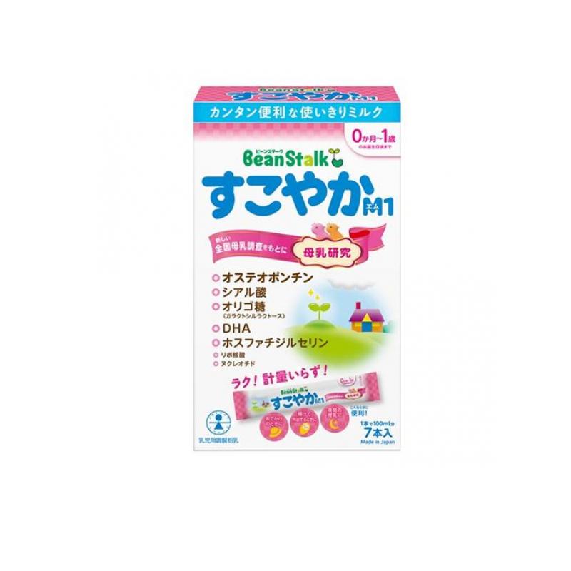 【商品名】 ビーンスターク すこやかM1 スティック 乳児用粉ミルク 【製造販売会社】 雪印ビーンスターク（Bean Stalk） 【原材料】 ホエイパウダー(オランダ製造又はフランス製造)、植物油(パーム核油、大豆油、パーム油、カノーラ油)、乳糖、脱脂粉乳、全粉乳、バターミルクパウダー、カゼイン、乳清たんぱく質濃縮物、たんぱく質濃縮ホエイパウダー、精製魚油、リボ核酸(RNA)、L-カルニチン、酵母／塩化K、炭酸Ca、リン酸Ca、V.C、硫酸Mg、炭酸K、クエン酸K、クエン酸鉄Na、イノシトール、タウリン、シチジル酸Na、硫酸亜鉛、V.E、ナイアシン、パントテン酸Ca、ウリジル酸Na、硫酸銅、V.A、V.B6、5’-AMP、グアニル酸Na、V.B1、イノシン酸Na、葉酸、カロテン、ビオチン、V.D、V.K、V.B12 ※ホエイパウダーの製造地は、製造年の使用計画順 製品の特徴 ●雪印ビーンスターク Bean Stalk すこやかM1 スティック 乳児用粉ミルク ●特別用途食品 乳児用調製粉乳 ●母乳が足りないときや与えられないときに、母乳の代わりにお使いいただくために作られたミルクです。 ●いっそう母乳に近づけるため、最新の母乳研究をもとに、母乳に含まれている成分を配合しています。 ●お出かけに便利なスティックタイプ。1本で100mL作れます。 ●計量いらずで簡単にミルクを作ることができます。 ●0ヶ月～1歳のお誕生日頃まで ●カンタン便利な使い切りミルク ※メーカーによるパッケージや外観リニューアルにより、商品ページ画像と見た目が異なる商品をお届けすることがございます。あらかじめご了承をお願い致します。