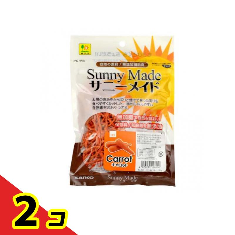 【商品名】 三晃商会 サニーメイド キャロット 【製造販売会社】 三晃商会（SANKO） 【ご使用について】 【ご注意】 ・直射日光の当たらない、冷暗所で保存し、開封後は賞味期限に関わらず早めにご使用ください。 ・乾燥度合いによって内容量が多少変動する場合があります。 ・自然な素材を使用しております。脱色加工や添加物を使用しておりませんので、色目や形状等は季節・ロットにより異なる場合があります。また、時間の経過によって素材内の成分が表面に現れ、白っぽくなったり、白い粉の様な物が出る場合がございますが、使用には問題ございません。 ・飼育時における事故等に関しましては、責任を負いかねますので予めご了承ください。 【原材料】 にんじん 製品の特徴 ●採れたてのニンジンを与えやすい大きさにスライスして乾燥させてます。 ●カロテンを豊富に含み、旨味と甘味を併せ持つ、小動物の大好きな野菜のひとつです。 ※メーカーによるパッケージや外観リニューアルにより、商品ページ画像と見た目が異なる商品をお届けすることがございます。あらかじめご了承をお願い致します。