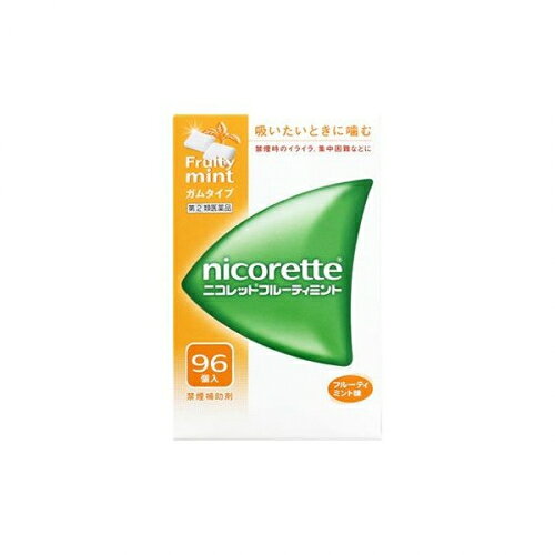 2個セット3個セットこの商品は医薬品です、同梱されている添付文書を必ずお読みください。※商品リニューアル等によりパッケージ及び容量は変更となる場合があります。ご了承ください。 医薬品の使用期限 医薬品に関しては特別な表記の無い限り、1年以上の使用期限のものを販売しております。1年以内のものに関しては使用期限を記載します。 名称 【第(2)類医薬品】　（＃）ニコレット　フルーティミント 内容量 96個 商品説明 ●ニコレットフルーティミントはタバコをやめたいと望む人のための医薬品で、禁煙時のイライラ・集中困難などの症状を緩和します。（タバコをきらいにさせる作用はありません）●使用期間は3ヵ月をめどとし、使用量を徐々に減らすことで、あなたを無理のない禁煙へ導きます。●タバコを吸わない人や現在吸っていない人は、身体に好ましくない作用を及ぼしますので使用しないでください。●シュガーレスコーティングで、かみやすいニコチンガム製剤です。 効能 禁煙時のイライラ・集中困難・落ち着かないなどの症状の緩和 用法・用量 タバコを吸いたいと思ったとき、1回1個をゆっくりと間をおきながら、30～60分間かけてかむ。1日の使用個数は下記を目安とし、通常、1日4～12個から始めて適宜増減するが、1日の総使用個数は24個を超えないこと。禁煙になれてきたら（1ヵ月前後）、1週間ごとに1日の使用個数を1～2個ずつ減らし、1日の使用個数が1～2個となった段階で使用をやめる。なお、使用期間は3ヵ月をめどとする。(1回量：1日最大使用個数：使用開始時の1日の使用個数の目安(禁煙前の1日の喫煙本数)：使用開始時の1日の使用個数の目安(1日の使用個数))1個：24個：20本以下：4〜6個1個：24個：21〜30本：6〜9個1個：24個：31本以上：9〜12個 成分 1個中、次の成分を含有する。ニコチン・・・2mg添加物：イオン交換樹脂、キシリトール、アセスルファムカリウム、炭酸水素ナトリウム、炭酸ナトリウム、酸化マグネシウム、タルク、ハッカ油、L－メントール、アラビアゴム末、酸化チタン、カルナウバロウ、炭酸カルシウム、ジブチルヒドロキシトルエン、ヒプロメロース、スクラロース、ポリソルベート80、香料、その他9成分 使用上の注意 してはいけないこと（守らないと現在の症状が悪化したり、副作用が起こりやすくなる）1．次の人は使用しないこと（1）非喫煙者〔タバコを吸ったことのない人及び現在タバコを吸っていない人〕（吐き気、めまい、腹痛などの症状があらわれることがある。）（2）すでに他のニコチン製剤を使用している人（3）妊婦又は妊娠していると思われる人（4）重い心臓病を有する人1）3ヵ月以内に心筋梗塞の発作を起こした人2）重い狭心症と医師に診断された人3）重い不整脈と医師に診断された人（5）急性期脳血管障害（脳梗塞、脳出血等）と医師に診断された人（6）うつ病と医師に診断された人（7）本剤又は本剤の成分によりアレルギー症状（発疹・発赤、かゆみ、浮腫等）を起こしたことがある人（8）あごの関節に障害がある人2．授乳中の人は本剤を使用しないか、本剤を使用する場合は授乳を避けること（母乳中に移行し、乳児の脈が速まることが考えられる。）3．本剤を使用中あるいは使用直後に次のことをしないこと（1）喫煙（2）ニコチンパッチ製剤の使用4．6ヵ月を超えて使用しないこと相談すること1．次の人は使用前に医師、歯科医師、薬剤師又は登録販売者に相談すること（1）医師又は歯科医師の治療を受けている人（2）他の薬を使用している人（他の薬の作用に影響を与えることがある。）（3）高齢者及び20歳未満の人（4）薬などによりアレルギー症状を起こしたことがある人（5）次の症状のある人腹痛、胸痛、口内炎、のどの痛み・のどのはれ（6）次の診断を受けた人心臓疾患（心筋梗塞、狭心症、不整脈）、脳血管障害（脳梗塞、脳出血等）、バージャー病（末梢血管障害）、高血圧、甲状腺機能障害、褐色細胞腫、糖尿病（インスリン製剤を使用している人）、咽頭炎、食道炎、胃・十二指腸潰瘍、肝臓病、腎臓病（症状を悪化させたり、現在使用中の薬の作用に影響を与えることがある。）2．使用後、次の症状があらわれた場合は副作用の可能性があるので、直ちに使用を中止し、この文書を持って医師、薬剤師又は登録販売者に相談すること関係部位：症状口・のど：口内炎、のどの痛み消化器：吐き気・嘔吐、腹部不快感、胸やけ、食欲不振、下痢皮膚：発疹・発赤、かゆみ経系：頭痛、めまい、思考減退、眠気循環器：動悸その他：胸部不快感、胸部刺激感、顔面潮紅、顔面浮腫、気分不良3．使用後、次のような症状があらわれることがあるので、このような症状の持続又は増強が見られた場合には、使用を中止し、この文書を持って医師、歯科医師、薬剤師又は登録販売者に相談すること（1）口内・のどの刺激感、舌の荒れ、味の異常感、唾液増加、歯肉炎（ゆっくりかむとこれらの症状は軽くなることがある。）（2）あごの痛み（他に原因がある可能性がある。）（3）しゃっくり、げっぷ4．誤って定められた用量を超えて使用したり、小児が誤飲した場合には、次のような症状があらわれることがあるので、その場合には、この文書を持って直ちに医師、薬剤師又は登録販売者に相談すること吐き気、唾液増加、腹痛、下痢、発汗、頭痛、めまい、聴覚障害、全身脱力（急性ニコチン中毒の可能性がある。）5．3ヵ月を超えて継続する場合は、この文書を持って医師、薬剤師又は登録販売者に相談すること（長期・多量使用によりニコチン依存が本剤に引き継がれることがある。） お問い合わせ先 ニコレット禁煙支援センター0120-2501039：00～17：00（土・日・祝日を除く） 製造販売元 ジョンソン・エンド・ジョンソン株式会社東京千代田区西田3-5-2 広告文責　株式会社クスリのアオキ リスク区分&nbsp; 第(2)類医薬品 ,,