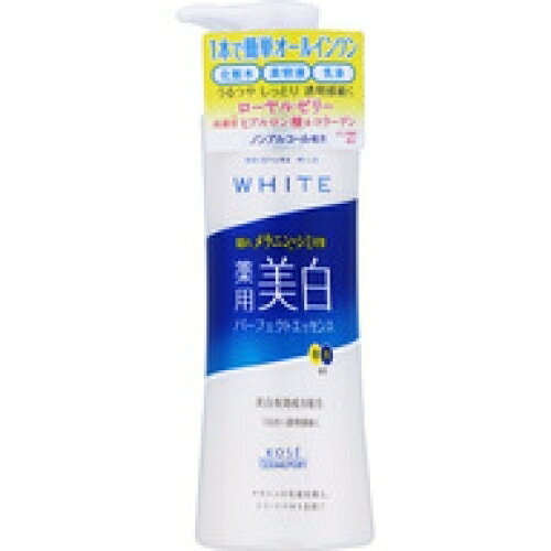 ※商品リニューアル等によりパッケージ及び容量は変更となる場合があります。ご了承ください。 商品名 モイスチュアマイルド　ホワイト　パーフェクトエッセンス 内容量 230ml 商品説明（製品の特徴） 今あるシミ・シミ予備軍にも美白有効成分がダイレクトに発揮。化粧水・美容液・乳液、1品3役の薬用美白パーフェクトエッセンスです。さらりとのび広がり、みずみずしくやさしい使い心地。 使用上の注意 日やけ後は、肌の赤みやひりつきがおさまってからお使いください。ビタミンCを配合しているので、中身が黄味をおびることがありますが、品質には問題ありません。美白有効成分が結晶化し、ポンプの口もとに付着する場合がありますが、品質には問題ありません。 成分・分量 ナイアシンアミド、製水、1，3－ブチレングリコール、濃グリセリン、L－アスコルビン酸2－グルコシド、ヒアルロン酸ナトリウム（2）、リン酸L－アスコルビルマグネシウム、ローヤルゼリーエキス、水溶性コラーゲン液（A）、アクリル酸・メタクリル酸アルキル共重合体、アクリル酸ナトリウム・アクリロイルジメチルタウリン酸ナトリウム共重合体／イソヘキサデカン／ポリソルベート80、エデト酸二ナトリウム、カルボキシビニルポリマー、スクワラン、テトラ2－エチルヘキサン酸ペンタエリトリット、ポリオキシエチレンメチルグルコシド、メチルポリシロキサン、リン酸一水素ナトリウム、リン酸二水素ナトリウム、水酸化ナトリウム、水素添加大豆リン脂質、フェノキシエタノール、メチルパラベン 広告文責　株式会社クスリのアオキ,,