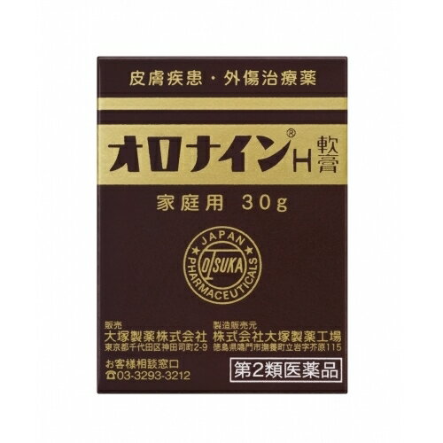 ※商品リニューアル等によりパッケージ及び容量は変更となる場合があります。ご了承ください。大製薬 商品名 オロナイン　H軟膏30g 内容量 30g 効能・効果 にきび、吹出物、はたけ、やけど（かるいもの）、ひび、しもやけ、あかぎれ、きず、水虫（じゅくじゅくしていないもの）、たむし、いんきん、しらくも 用法・用量 患部の状態に応じて適宜ガーゼ・脱脂綿等に塗布して使用するか又は清潔な手指にて直接患部に応用します。 成分 本剤は殺菌作用を有するクロルヘキシジングルコン酸塩を配合した親水性軟膏です。1g中にクロルヘキシジングルコン酸塩液（20%）を10mg含有します。なお、添加物としてラウロマクロゴール、ポリソルベート80、硫酸Al/K、マクロゴール、グリセリン、オリブ油、ステアリルアルコール、サラシミツロウ、ワセリン、自己乳化型ステアリン酸グリセリル、香料、製水を含有します。 使用上の注意 【してはいけないこと】（守らないと現在の症状が悪化したり、副作用が起こりやすくなる）（1）次の人は使用しないでください。?本剤又は本剤の成分、クロルヘキシジンによりアレルギー症状を起こしたことがある人。（2）次の部位には使用しないでください。?湿疹（ただれ、かぶれ）?化粧下?虫さされ【相談すること】（1）次の人は使用前に医師、薬剤師又は登録販売者に相談してください。?医師の治療を受けている人?薬などによりアレルギー症状（例えば発疹・発赤、かゆみ、かぶれ等）を起こしたことがある人?患部が広範囲の人?湿潤やただれのひどい人?深い傷やひどいやけどの人（2）使用後、次の症状があらわれた場合は副作用の可能性があるので、直ちに使用を中止し、製品に同梱されている添付文書を持って医師、薬剤師又は登録販売者に相談してください。関係部位症状皮膚 発疹・発赤、かゆみ、はれ、乾燥、ひびわれ まれに下記の重篤な症状が起こることがあります。その場合は直ちに医師の診療を受けてください。症状の名称症状ショック（アナフィラキシー） 使用後すぐに、皮膚のかゆみ、じんましん、声のかすれ、くしゃみ、のどのかゆみ、息苦しさ、動悸、意識の混濁等があらわれる。 （3）5～6日間使用しても症状がよくならない場合は使用を中止し、製品に同梱されている添付文書を持って医師、薬剤師又は登録販売者に相談してください。 原産国 日本 販売、発売、製造、または輸入元 日本 広告文責　株式会社クスリのアオキ