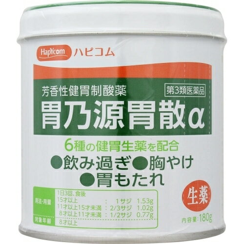 この商品は医薬品です、同梱されている添付文書を必ずお読みください。※商品リニューアル等によりパッケージ及び容量は変更となる場合があります。ご了承ください。 医薬品の使用期限 医薬品に関しては特別な表記の無い限り、1年以上の使用期限のものを販売しております。1年以内のものに関しては使用期限を記載します。 名称 【第3類医薬品】 胃乃源胃散α 内容量 180g 商品説明 芳香性健胃制酸薬6種の健胃生薬を配合●飲み過ぎ ●胸やけ ●胃もたれ 効能・効果 胃酸過多、胸やけ、胃部不快感、胃部・腹部膨満感、もたれ（胃もたれ）、胃重、胸つかえ、げっぷ（おくび）、はきけ（むかつき、胃のむかつき、二日酔・悪酔のむかつき、嘔気、悪心）、嘔吐、飲み過ぎ（過飲）、胃痛、食欲不振（食欲減退）、消化不良、胃弱、食べ過ぎ（過食） 用法・用量 1日3回、食後水又はさゆにて服用してください。年齢・・・1回量・・・1日服用回数大人（15才以上）・・・1サジ 1.53g・・・3回11才以上15才未満・・・2/3サジ 1.02g・・・3回8才以上11才未満・・・1/2サジ 0.77g・・・3回8才未満・・・服用しないこと 成分・分量 4.6g（大人1日量）中成分・・・分量・・・はたらき炭酸水素ナトリウム・・・1800mg・・・胃酸を中和し、胸やけ、胃酸過多、胃の痛みなどを改善します。沈降炭酸カルシウム・・・1500mg・・・胃酸を中和し、胸やけ、胃酸過多、胃の痛みなどを改善します。炭酸マグネシウム・・・380mg・・・胃酸を中和し、胸やけ、胃酸過多、胃の痛みなどを改善します。ケイヒ末・・・500mg・・・食欲不振や胃弱などを改善します。ゲンチアナ末・・・45mg・・・食欲不振や胃弱などを改善します。ウイキョウ末・・・50mg・・・胃のもたれや胃の痛みなどを改善します。ショウキョウ末・・・20mg・・・食欲不振やはきけなどを改善します。ニガキ末・・・10mg・・・胃炎や消化不良などを改善します。チンピ末・・・10mg・・・胃炎や消化不良などを改善します。添加物として軽質無水ケイ酸、カンゾウ末、l-メントール、キシリトール、アスパルテーム（L-フェニルアラニン化合物）、バレイショデンプンを含みます。 使用上の注意 相談すること1．次の人は服用前に医師、薬剤師又は登録販売者に相談してください（1）医師の治療を受けている人。（2）次の診断を受けた人。 腎臓病、甲状腺機能障害2．2週間位服用しても症状がよくならない場合は服用を中止し、この製品を持って医師、薬剤師又は登録販売者に相談してください お問い合わせ先 奥田製薬株式会社お客様相談窓口：06-6351-2100受付時間：9：00〜17：00（土日祝日を除く） 広告文責　株式会社クスリのアオキ リスク区分&nbsp; 第3類医薬品