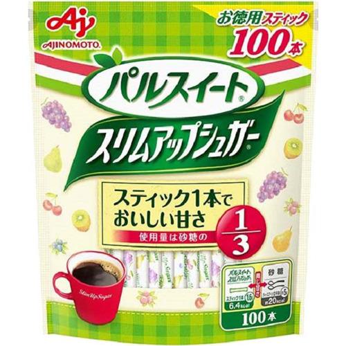 10個セット※商品リニューアル等によりパッケージ及び容量は変更となる場合があります。ご了承ください。 商品名 パルスイート スリムアップシュガー 内容量 100本入 商品説明 ●砂糖の使用量1/3で同じ甘さのスティックシュガーです。●カロリーコントロールしながら、おいしい甘さが楽しめます。●コーヒー、紅茶などの飲みものや、ヨーグルトにもお使いいただけます。●こんな方におすすめです。・普段の糖の量が気になりはじめた・糖は気になるけど、美味しく食べたい・食生活の摂取カロリーを見直したい●個包装だからスマートに持ち歩ける お召し上がり方 コーヒー、紅茶などの飲み物や、ヨーグルトにもお使いいただけます。 原材料 砂糖(グラニュー糖)(国内製造)／甘味料(アスパルテーム・L-フェニルアラニン化合物、アセスルファムK)、香料 栄養成分 スティック1本(1.6g)当たりエネルギー：6.4kcal、たんぱく質：0g、脂質：0g、炭水化物：1.6g(糖質：1.6g(糖類：1.6g)、食物繊維：0g)、食塩相当量：0g 製造販売元 味の素東京中央区京橋1-15-1 広告文責　株式会社クスリのアオキ