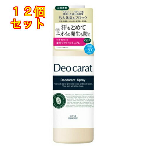 1個5個セット6個セット※商品リニューアル等によりパッケージ及び容量は変更となる場合があります。ご了承ください。 名称 コーセーコスメポート デオカラット 薬用デオドラント スプレー 180g 内容量 180g 使用方法・用法及び使用上の注意 ●缶を横にして左右に強く4～5回振ってからご使用ください。●肌から10cmくらいはなしてスプレーしてください。●同じ箇所に3秒以上スプレーしないでください。●さかさにしても使えます。 成分・分量 イソプロピルメチルフェノール※、乾燥硫酸アルミニウムカリウム※、液化石油ガス、無水エタノール、ミリスチン酸イソプロピル、2－エチルヘキサン酸セチル、無水ケイ酸、オウゴンエキス、チャエキス（1）、水溶性ツボクサエキス、1，3－ブチレングリコール、エタノール、セスキイソステアリン酸ソルビタン、メチルシロキサン網状重合体、製水、香料※；有効成分　無印；その他の成分 発売元、製造元、輸入元又は販売元、消費者相談窓口 お問い合わせ先コーセーコスメポート〒103-0027東京中央区日本橋1-16-11電話番号：0800-222-2202 広告文責　株式会社クスリのアオキ