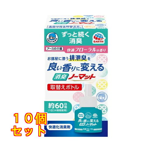 1個6個セット8個セット※商品リニューアル等によりパッケージ及び容量は変更となる場合があります。ご了承ください。 名称 アース製薬 ヘルパータスケ 良い香りに変える消臭ノーマット 取替え 45mL 内容量 45mL 使用方法・用法及び使用上の注意 使用にあたっては、添付の「使用説明書」をよく読み、正しくお使いください。1.ボトルのキャップを回し、キャップが芯に触れないようにゆっくり真上に引き抜いてください。2.ボトルを本体下方よりカチッと音がするまで確実に押し込んでください。3.プラグをコンセント（電源）に差し込み、スイッチを入れてください。4.ボトルを取り替えるときは、ボトルをまっすぐ下方に引っぱってください。アースノーマット器具（蚊とり）でも使えます。長期間（3～4ヵ月以上）使用しないときは、ボトルを器具からはずし、キャップを締めて保管してください。本品は、蚊を駆除する商品ではありません。誤飲に注意。【使用上の注意】定められた使用方法・使用量を必ず守ること。ボトルの芯には薬液が付いているので直接手を触れないこと。万一、皮膚に薬剤がついた場合は、石けんを用いてよく洗うこと。閉めきった部屋や狭い部屋で使用する場合は、時々注意して部屋の換気をする。また、気分が悪くなったときも使用を中止し換気をする。体質や体調によっては頭痛、のどの痛み、不快感などの原因となる。アレルギー体質の人は使用に注意すること。器具に針金やピン等を差し込んだり、ぬれた手で器具に触れたりしないこと。また、器具やボトルに水・油等の液体をかけないこと。感電や故障の原因となる。使用中、器具上部や蒸散口は熱くなるので、手で触れたり、中に指を入れたりしないこと。特に子供の指は入りやすいので気をつけること。やけどの原因となる恐れがある。使用中及び使用後は、子供や第三者の監督が必要な方の手に触れさせないこと。器具は正常な状態で使用し、横や逆さにしたり、吊るして使用しないこと。また、器具を落としたり、衝撃を与えないこと。火気に注意し、直接炎を近づけないこと。器具の上に新聞、ふとん、毛布、衣類などをかけないこと。熱がこもってコゲたり、器具が変形することがある。毛足の長いじゅうたんの上では使用しない。長時間使用すると、液漏れする場合がある。水がかかる場所、高温や高湿になる場所（AV機器の上やファンヒーターの近くなど）、火気の近く、直射日光のあたる場所などでは使用しない。液漏れなどの原因となることがある。ボトルの芯は固定されているので、無理に引っぱったり、動かしたりしないこと。芯が折れて使用できなくなる。通電中は成分が連続して揮散するので、使用しないときは必ずスイッチを切ること。蒸散成分がまれにうすい白煙として見えることがあるが、異常ではない。薬液をこぼした場合は、シミや変色のおそれがあるのですぐにふき取る。薬剤が付着すると、塗装面やプラスチックなどを痛めたり、床や畳を汚す場合がある。使用済みの空容器は適切に処分すること。【応急処置】薬剤が皮膚についた場合、目に入った場合は、すぐに水で十分に洗い流す。誤って飲んだ場合は、大量の水を飲ませる。使用中、気分が悪くなった場合は、使用を中止する。異常がある場合は、本品を持参し医師の診療を受ける。 成分・分量 香料、溶剤 保管および取扱い上の注意 直射日光を避け、子供や第三者の監督が必要な方の手の届かないところに保管すること。3～4ヵ月以上の長期にわたって使用しないときは、ボトルを器具からはずし、キャップを締めて保管すること。 発売元、製造元、輸入元又は販売元、消費者相談窓口 お問い合わせ先電話番号：0120-81-6456対応時間：9:00～17:00（土/日/祝日/年末年始を除く） 広告文責　株式会社クスリのアオキ,,