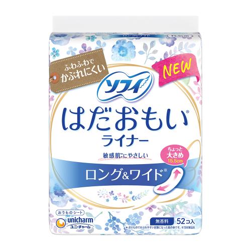 3個セット6個セット12個セット24個セット※商品リニューアル等によりパッケージ及び容量は変更となる場合があります。ご了承ください。 名称 ソフィはだおもい　ライナー　ロング＆ワイド　無香料　52枚 内容量 52枚入り 使用方法・用法及び使用上の注意 「使用方法」適宜取り替えてご使用ください。「使用上の注意」生理日以外にお使いください。お肌に合わないときは医師に相談してください。使用後のライナーは個別ラップ(やわらかラップ)に包んですててください。トイレに流さないでください。 成分・分量 表面材:ポリエステル/ポリエチレン 発売元、製造元、輸入元又は販売元、消費者相談窓口 ユニ・チャーム株式会社0120-041-062月曜日〜金曜日9：30〜17：00 原産国 日本 広告文責　株式会社クスリのアオキ,,