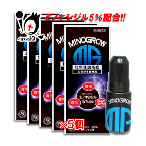 【第1類医薬品】ミノグロウ 60ml×5個セット【岩城製薬】 壮年性脱毛症における発毛、 育毛及び脱毛（抜け毛）進行予防に ミノグロウは、有効成分ミノキシジルを5％配合した壮年性脱毛症用の発毛剤です。 ヘアサイクルの成長期を刺激・延長させて毛髪を長くし、その数を増やします。 容器は、1回量の1mlを計量できる構造になっています。 商品説明 区分 第1類医薬品／育毛・抜け毛・フケ等／皮膚薬／壮年性脱毛症における発毛剤／液剤／日本製 内容量 60ml×5個 効能・効果 壮年性脱毛症における発毛、育毛及び脱毛（抜け毛）の進行予防。 用法・用量 成人男性（20歳以上）が、1日2回、1回1mLを脱毛している頭皮に塗布してください。 ≪用法・用量に関連する注意≫ 1.用法・用量の範囲より多量に使用しても、あるいは頻繁に使用しても効果はあがりません。定められた用法・用量を厳守してください（決められた以上に多く使用しても、効果の増加はほとんどなく、副作用の発現する可能性が高くなります）。 2.目に入らないように注意してください。万一、目に入った場合には、すぐに水又はぬるま湯で洗ってください。 なお、症状が重い場合には眼科医の診療を受けてください。 3.薬液のついた手で、目等の粘膜にふれると刺激があるので、手についた薬液はよく洗い落としてください。 4.アルコール等に溶けるおそれのあるもの（メガネわく、化学繊維等）にはつかないようにしてください。 5.整髪料及びヘアセットスプレーは、本剤を使用した後に使用してください。 6.染毛剤（ヘアカラー、毛染め、白髪染め等）を使用する場合には、完全に染毛を終えた後に本剤を使用してください ※用法・用量を守り、効果がわかるようになるまで少なくとも4ヵ月間、毎日使用してください。効果を維持するには継続して使用することが必要で、使用を中止すると徐々に元に戻 ります。又、毛髪が成長する程度には個人差があり、誰にでも効果があるわけではありません。以上の内容を十分ご理解の上、ご購入ください。 成分・分量 100mL中 ミノキシジル…5g…発毛、育毛及び脱毛の進行を予防します。 〔添加物〕エタノール、1,3-ブチレングリコール、プロピレングリコール、pH調整剤 使用上のご注意 ●してはいけないこと(守らないと現在の症状が悪化したり、副作用が起こりやすくなります) 1. 次の人は使用しないでください (1)本剤又は本剤の成分によりアレルギー症状を起こしたことがある人。 (2)女性。(本剤は日本人女性における安全性が確認されていません。) (3)未成年者(20歳未満)。(国内での使用経験がありません。) (4)壮年性脱毛症以外の脱毛症(例えば、円形脱毛症、甲状腺疾患による脱毛等)の人、あるいは原因のわからない脱毛症の人。(本剤は壮年性脱毛症でのみ有効です。) (5)脱毛が急激であったり、髪が斑状に抜けている人。(壮年性脱毛症以外の脱毛症である可能性が高いです。) 2. 次の部位には使用しないでください (1)本剤は頭皮にのみ使用し、内服しないでください。(血圧が下がる等のおそれがあります。) (2)きず、湿疹あるいは炎症(発赤)等がある頭皮。(きず等を悪化させることがあります。) 3. 本剤を使用する場合、他の育毛剤及び外用剤(軟膏、液剤等)の頭皮への使用は、避けてください。又、これらを使用する場合は本剤の使用を中止してください(これらの薬剤は本剤の吸収に影響を及ぼす可能性があります。) ●相談すること 1. 次の人は使用前に医師または薬剤師に相談してください (1)今までに薬や化粧品等によりアレルギー症状(例えば、発疹・発赤、かゆみ、かぶれ等)を起こしたことがある人。 (2)高血圧の人、低血圧の人。(本剤は血圧に影響を及ぼす可能性が考えられます。) (3)心臓又は腎臓に障害のある人。(本剤は心臓や腎臓に影響を及ぼす可能性が考えられます。) (4)むくみのある人。(むくみを増強させる可能性が考えられます。) (5)家族、兄弟姉妹に壮年性脱毛症の人がいない人。(壮年性脱毛症以外の発症には遺伝的要因が大きいと考えられます。) (6)高齢者(65歳以上)。(一般に高齢者では好ましくない症状が発現しやすくなります。) (7)次の診断を受けている人。甲状腺機能障害(甲状腺機能低下症、甲状腺機能亢進症)(甲状腺疾患による脱毛の可能性があります。) 2. 使用後、次の症状があらわれた場合は副作用の可能性があるので、直ちに使用を中止し、この説明書を持って医師又は薬剤師に相談してください 皮膚・・・頭皮の発疹・発赤※、かゆみ、かぶれ、ふけ、使用部位の熱感等 精神神経系・・・頭痛、気が遠くなる、めまい 循環器・・・胸の痛み、心拍が速くなる 代謝系・・・原因のわからない急激な体重増加、手足のむくみ ※頭皮以外にあらわれることもあります。 3. 6ヵ月間使用して、次のいずれにおいても改善が認められない場合は、使用を中止し、この添付文書を持って医師又は薬剤師に相談してください 脱毛状態の程度、生毛・軟毛の発生、硬毛の発生、抜け毛の程度 (太い毛だけでなく細く短い抜け毛の減少も改善の目安となります)。 (壮年性脱毛症以外の脱毛症であったり、脱毛が他の原因によるものである可能性があります。) 4. 使用開始後6ヵ月以内であっても、脱毛状態の悪化や、次のような脱毛が見られた場合は、使用を中止し、この説明書を持って医師又は薬剤師に相談してください・・・頭髪以外の脱毛、斑状の脱毛、急激な脱毛等。(壮年性脱毛症以外の脱毛症であったり、脱毛が他の原因によるものである可能性があります。) ●その他の注意 (1)毛髪が成長するには時間がかかります。効果がわかるようになる まで少なくとも4ヵ月間、毎日使用してください。(ミノキシジルローション5％製剤の有効性は4ヵ月使用後から認められております。) (2)毛髪が成長する程度には個人差があり、本剤は誰にでも効果があるわけではありません。 (3)効果を維持するには継続して使用することが必要で、使用を中止すると徐々に元に戻ります。(本剤は壮年性脱毛症の原因を取り除くものではありません。) ●保管及び取り扱い上の注意 1.使用後、キャップをして、直射日光や高温、寒冷の場所を避け、涼しい所に保管してください。 2.小児の手の届かない所に保管してください。 3.誤用を避け、品質を保持するため、他の容器に入れ替えないでください。 4.火気に近づけないでください。 5.使用期限を過ぎた製品は使用しないでください。 ご使用にあたって お使いになる方の髪質や1ヶ所への集中塗布等により、ごわつき感が出たり、くし通りが悪くなったり、部分的に白くなる(成分の結晶化)ことがあります。毎日洗髪を行い、頭皮を清潔にして、用法・用量を守ってお使いください。 正しい染髪方法 1.ぬるま湯でざっと頭皮の汚れを洗い流します。 2.染髪時の髪への摩擦を少なくするため、シャンプーは直接髪につけず、手のひらでよく泡立ててお使い下さい。 3.爪を立てずに、指の腹で頭皮をマッサージするように洗います。 4.シャンプーをよく洗い流します。すすぎ残りはふけ・かゆみの原因になります。 使用期限 出荷時より1年以上あるものをお送りします。 副作用救済制度 （独）医薬品医療機器総合機構 電話:0120-149-931（フリーダイヤル） メーカー名又は販売業者名 岩城製薬株式会社 お問合せ:03-3668-1574 受付時間：平日9：00〜17：00 広告文責 くすりのiQ049-274-1819登録販売者：岩澤　有峰 新JANコード：4987020011529 旧JANコード：4987020018672　 　