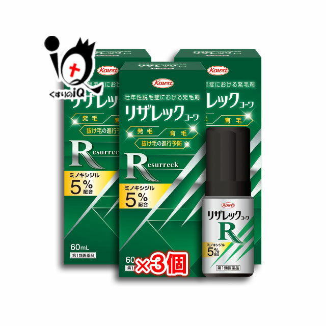 【第1類医薬品】リザレックコーワ 60ml×3個セット【Kowa 興和】 ミノキシジルを5％配合し、小さなノズルヘッドが地肌に直接届きます。 力強い髪を発毛、抜け毛の進行を予防！ ☆特長1 ミノキシジル5％配合！ ミノキシジル外用発毛剤は、毛包を大きくして毛幹を太くし、毛周期の成長期を刺激・延長させて毛髪を長くし、その数を増やします ☆特長2 小さなノズルヘッドが地肌に直接届きます！ さらに無香料なのでにおいも気になりにくい！ ☆特長3 ＜この医薬品の対象となる壮年性脱毛症＞ リザレックコーワは、イラストのようなパターンの脱毛あるいは薄毛に効果があります。 壮年性脱毛症にはさまざまなタイプがあり、パッケージには本剤の対象となる代表的な脱毛あるいは薄毛のパターンを例示しております。 商品説明 区分 第1類医薬品／育毛・抜け毛・フケ等／皮膚薬／壮年性脱毛症における発毛剤／液剤／日本製 内容量 60ml×3個 効能・効果 壮年性脱毛症における発毛、育毛及び脱毛（抜け毛）の進行予防。 用法・用量 成人男性（20歳以上）が、1日2回、1回1mLを脱毛している頭皮に塗布してください。 ≪用法・用量に関連する注意≫ (1)用法・用量の範囲より多量に使用しても、あるいは頻繁に使用しても効果はあがりません。定められた用法・用量を厳守してください。（決められた以上に多く使用しても、効果の増加はほとんどなく、副作用の発現する可能性が高くなります。） (2)目に入らないように注意してください。万一、目に入った場合には、すぐに水又はぬるま湯で洗ってください。なお、症状が重い場合には眼科医の診療を受けてください。 (3)薬液のついた手で、目等の粘膜にふれると刺激があるので、手についた薬液はよく洗い落してください。 (4)アルコール等に溶けるおそれのあるもの（メガネわく、化学繊維等）にはつかないようにしてください。 (5)整髪料及びヘアセットスプレーは、本剤を使用した後に使用してください。 (6)染毛剤（ヘアカラー、毛染め、白髪染め等）を使用する場合には、完全に染毛を終えた後に本剤を使用してください。 成分・分量 100mL中 ミノキシジル…5g…発毛、育毛及び脱毛の進行を予防します。 〔添加物〕エタノール、1,3-ブチレングリコール、プロピレングリコール、pH調整剤 使用上のご注意 ●してはいけないこと(守らないと現在の症状が悪化したり、副作用が起こりやすくなります) 1. 次の人は使用しないでください (1)本剤又は本剤の成分によりアレルギー症状を起こしたことがある人。 (2)女性。(本剤は日本人女性における安全性が確認されていません。) (3)未成年者(20歳未満)。(国内での使用経験がありません。) (4)壮年性脱毛症以外の脱毛症(例えば、円形脱毛症、甲状腺疾患による脱毛等)の人、あるいは原因のわからない脱毛症の人。(本剤は壮年性脱毛症でのみ有効です。) (5)脱毛が急激であったり、髪が斑状に抜けている人。(壮年性脱毛症以外の脱毛症である可能性が高いです。) 2. 次の部位には使用しないでください (1)本剤は頭皮にのみ使用し、内服しないでください。(血圧が下がる等のおそれがあります。) (2)きず、湿疹あるいは炎症(発赤)等がある頭皮。(きず等を悪化させることがあります。) 3. 本剤を使用する場合、他の育毛剤及び外用剤(軟膏、液剤等)の頭皮への使用は、避けてください。又、これらを使用する場合は本剤の使用を中止してください(これらの薬剤は本剤の吸収に影響を及ぼす可能性があります。) ●相談すること 1. 次の人は使用前に医師または薬剤師に相談してください (1)今までに薬や化粧品等によりアレルギー症状(例えば、発疹・発赤、かゆみ、かぶれ等)を起こしたことがある人。 (2)高血圧の人、低血圧の人。(本剤は血圧に影響を及ぼす可能性が考えられます。) (3)心臓又は腎臓に障害のある人。(本剤は心臓や腎臓に影響を及ぼす可能性が考えられます。) (4)むくみのある人。(むくみを増強させる可能性が考えられます。) (5)家族、兄弟姉妹に壮年性脱毛症の人がいない人。(壮年性脱毛症以外の発症には遺伝的要因が大きいと考えられます。) (6)高齢者(65歳以上)。(一般に高齢者では好ましくない症状が発現しやすくなります。) (7)次の診断を受けている人。甲状腺機能障害(甲状腺機能低下症、甲状腺機能亢進症)(甲状腺疾患による脱毛の可能性があります。) 2. 使用後、次の症状があらわれた場合は副作用の可能性があるので、直ちに使用を中止し、この説明書を持って医師又は薬剤師に相談してください 皮膚・・・頭皮の発疹・発赤※、かゆみ、かぶれ、ふけ、使用部位の熱感等 精神神経系・・・頭痛、気が遠くなる、めまい 循環器・・・胸の痛み、心拍が速くなる 代謝系・・・原因のわからない急激な体重増加、手足のむくみ 3. 6ヵ月間使用して、次のいずれにおいても改善が認められない場合は、使用を中止し、この添付文書を持って医師又は薬剤師に相談してください 脱毛状態の程度、生毛・軟毛の発生、硬毛の発生、抜け毛の程度 (太い毛だけでなく細く短い抜け毛の減少も改善の目安となります)。 (壮年性脱毛症以外の脱毛症であったり、脱毛が他の原因によるものである可能性があります。) 4. 使用開始後6ヵ月以内であっても、脱毛状態の悪化や、次のような脱毛が見られた場合は、使用を中止し、この説明書を持って医師又は薬剤師に相談してください・・・頭髪以外の脱毛、斑状の脱毛、急激な脱毛等。(壮年性脱毛症以外の脱毛症であったり、脱毛が他の原因によるものである可能性があります。) ●その他の注意 (1)毛髪が成長するには時間がかかります。効果がわかるようになる まで少なくとも4ヵ月間、毎日使用してください。(ミノキシジルローション5％製剤の有効性は4ヵ月使用後から認められております。) (2)毛髪が成長する程度には個人差があり、本剤は誰にでも効果があるわけではありません。 (3)効果を維持するには継続して使用することが必要で、使用を中止すると徐々に元に戻ります。(本剤は壮年性脱毛症の原因を取り除くものではありません。) ●保管及び取り扱い上の注意 1.使用後、キャップをして、直射日光や高温、寒冷の場所を避け、涼しい所に保管してください。 2.小児の手の届かない所に保管してください。 3.誤用を避け、品質を保持するため、他の容器に入れ替えないでください。 4.火気に近づけないでください。 5.使用期限を過ぎた製品は使用しないでください。 ご使用にあたって お使いになる方の髪質や1ヶ所への集中塗布等により、ごわつき感が出たり、くし通りが悪くなったり、部分的に白くなる(成分の結晶化)ことがあります。毎日洗髪を行い、頭皮を清潔にして、用法・用量を守ってお使いください。 正しい染髪方法 1.ぬるま湯でざっと頭皮の汚れを洗い流します。 2.染髪時の髪への摩擦を少なくするため、シャンプーは直接髪につけず、手のひらでよく泡立ててお使い下さい。 3.爪を立てずに、指の腹で頭皮をマッサージするように洗います。 4.シャンプーをよく洗い流します。すすぎ残りはふけ・かゆみの原因になります。 使用期限 出荷時より1年以上あるものをお送りします。 副作用救済制度 （独）医薬品医療機器総合機構 電話:0120-149-931（フリーダイヤル） メーカー名又は販売業者名 興和株式会社 東京都中央区日本橋本町3ー4ー14 医薬事業部　お客様相談センター：03-3279-7755 受付時間：月〜金（祝日を除く）9時〜17時 広告文責 くすりのiQ049-274-1819登録販売者：岩澤　有峰 JANコード：4987067276202　 　