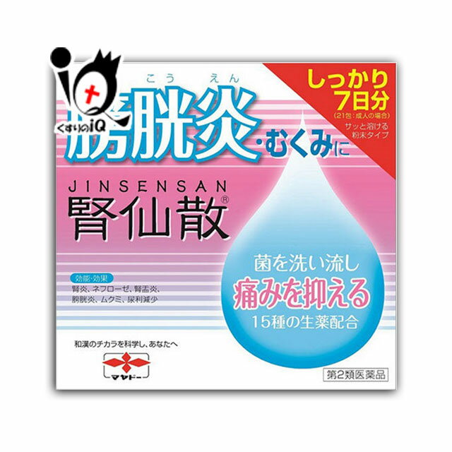 【第2類医薬品】腎仙散 21包【摩耶堂製薬】膀胱炎 むくみ 菌を洗い流し痛みを抑える 15種類の生薬配合 膀胱炎治療薬。生薬の力で利尿して菌を洗出し、炎症を抑える。 腎仙散（ジンセンサン）は、利尿作用のほか、抗炎 症作用を有する生薬を配合しており、腎臓の老廃物 排泄を促進するとともに、排泄障害や炎症性の疾患にも効果を発揮します。服用しやすい散剤で、携帯に便利なアルミ分包包装です。 ★商品説明★ 区分第2類医薬品／漢方薬／生薬／尿トラブル／日本製 内容量 21包 効能・効果 腎炎、ネフローゼ、腎盂炎、膀胱炎、ムクミ、尿利減少 用法・用量 次の量を、食間に、水又はお湯で服用してください。 〔年齢〕〔1回量〕〔1日使用回数〕 大人（15歳以上）:1回1包:1日3回 8歳以上15歳未満:1回1／2包:1日3回 4歳以上7歳未満:1回1／3包:1日3回 4歳未満:服用しないでください 《用法・用量に関連する注意》 (1)用法・用量を厳守してください。 (2)小児に服用させる場合には、保護者の指導監督のもとに服用させてください。 成分・分量 1包1.5g・20包中に次の生薬より製したエキス25.0g含有しています。 〔成分〕〔分量〕 タクシャ…6.0g、インチンコウ…5.0g、ニワトコ…8.0g、ケイヒ…6.0g、ボウイ…6.0g、ボウコン…6.0g、ジオウ…6.0g、シャゼンシ…6.0g、ソウジュツ…7.0g、ウワウルシ…10.0g、ブクリョウ…8.0g、シャクヤク…7.0g、チョレイ…6.0g、サンシシ…5.0g、キササゲ…8.0g 添加物として、カルメロースCa、無水ケイ酸を含有します。 使用上のご注意 ●相談すること 1．次の人は服用前に医師、薬剤師又は登録販売者に相談してください。 ・医師の治療を受けている人 ・妊婦又は妊娠していると思われる人 ・胃腸の弱い人 ・薬などによりアレルギー症状を起こしたことがある人 ・次の症状のある人 　　食欲不振、吐き気・嘔吐 2.使用後、次の症状があらわれた場合は副作用の可能性があるので、直ちに使用を中止し、この説明書を持って医師、薬剤師又は登録販売者に相談してください 〔関係部位〕〔症 状〕 皮膚:発疹・発赤、かゆみ 消化器:食欲不振、胃部不快感、吐き気・嘔吐 その他:ぜんそくの発現、目の痛み、目のかすみ、動悸、血圧上昇 ●まれに下記の重篤な症状が起こることがある。 その場合は直ちに医師の診療を受けること。 〔症状の名称〕〔症状〕 間質性肺炎:階段を上ったり、少し無理をしたりすると息切れがする・息苦しくなる、空せき、発熱等がみられ、これらが急にあらわれたり、持続したりする 3.服用後、次の症状があらわれることがあるので、このような症状の持続又は増強が見られた場合には、服用を中止し、この文書を持って医師、薬剤師又は登録販売者に相談してください。 　　　下痢 4.1ヵ月位服用しても症状がよくならない場合は服用を中止し、この文書を持って医師、薬剤師又は登録販売者に相談してください。 ●保管及び取り扱い上の注意 (1)直射日光の当たらない湿気の少ない涼しい所に密栓して保管してください。 (2)小児の手の届かない所に保管してください。 (3)他の容器に入れ替えないでください。 (誤用の原因になったり、品質が変わるのを防ぐため) (4)1包を分割した残りを服用する場合には、袋の口を折り返して保管し、2日以内に服用してください。 (5)使用期限を過ぎた製品は服用しないでください。使用期限は外箱に記載しています。 ◆その他、本品記載の使用法・使用上の注意をよくお読みの上ご使用ください。 使用期限 出荷時より1年以上あるものをお送りします。 副作用救済制度 独）医薬品医療機器総合機構 電話:0120-149-931（フリーダイヤル） メーカー名又は販売業者名 摩耶堂製薬株式会社 神戸市西区玉津町居住65-1 くすりの相談室：078-929-0112 受付時間 9:00〜17:30（土・日・祝日、摩耶堂製薬株式会社の休日を除く） 広告文責 くすりのiQ 049-274-1819 登録販売者：岩澤　有峰 JANコード 4987210308217