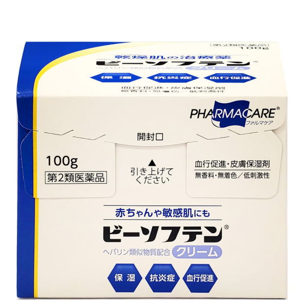 ●保湿力を高め、患部を保護するクリーム。 ●のびよく広範囲に塗れます。 ●ヘパリン類似物質配合※ ●無香料・低刺激性・無着色・ステロイドフリー ※ヘパリン類似物質は皮膚に浸透し、末梢血管に作用することで、血流を改善します。 高い水分保持力で保湿し、抗炎症作用で荒れた皮膚症状を治します。 肌内部に浸透し働きかけることで、肌の水分保持機能を改善します。 肌内部の水分を保つことで、肌本来のうるおいへと導きます。 【効能・効果】 手指の荒れ、ひじ・ひざ・かかと・くるぶしの角化症、手足のひび、あかぎれ、乾皮症、小児の乾燥性皮ふ、しもやけ(ただれを除く)、きず・やけどあとの皮ふのしこり・つっぱり(顔面を除く)、打身・ねんざ後のはれ・筋肉痛・関節痛 【有効成分】100g中 ヘパリン類似物質 0.3g 【内容量】 100g 【販売元】帝國製薬株式会社 【区分】第2類医薬品 【文責】薬剤師　岡島充子 【広告文責】株式会社クスリのわかば 【電話】0277-54-7447 ※お買い上げいただける個数は3個までです。■当店の医薬品は使用期限まで1年以上のものをお届けしています。 医薬品販売に関する記載事項 項目 内容 製品名 ビーソフテンクリーム 製品の特徴 ●保湿力を高め、患部を保護するクリーム。 ●のびよく広範囲に塗れます。 ●ヘパリン類似物質配合※ ●無香料・低刺激性・無着色・ステロイドフリー ※ヘパリン類似物質は皮膚に浸透し、末梢血管に作用することで、血流を改善します。 高い水分保持力で保湿し、抗炎症作用で荒れた皮膚症状を治します。 肌内部に浸透し働きかけることで、肌の水分保持機能を改善します。 肌内部の水分を保つことで、肌本来のうるおいへと導きます。 使用上の注意 ■してはいけないこと (守らないと現在の症状が悪化したり、副作用が起こりやすくなる) 1．次の人は使用しないこと。 (1)出血性血液疾患（血友病、血小板減少症、紫斑病など）の人。 (2)わずかな出血でも重大な結果をきたすことが予想される人。（血液凝固抑制作用を有し出血を助長するおそれがある） 2．次の部位には、使用しないこと。 目や目の周囲、粘膜(口腔、鼻腔、膣など)。 ■相談すること 1．次の人は使用前に医師、薬剤師又は登録販売者に相談すること。 (1)医師の治療を受けている人。 (2)薬などによりアレルギー症状を起こしたことがある人。 (3)湿潤やただれのひどい人。 2．使用後、次の症状があらわれた場合は副作用の可能性があるので、直ちに使用を中止し、この文書を持って医師、薬剤師又は登録販売者に相談すること。 関係部位 症状 皮ふ 発疹・発赤、かゆみ、はれ、紫斑 3．5〜6日間使用しても症状がよくならない場合は使用を中止し、添付文書を持って医師、薬剤師又は登録販売者に相談すること。 効能・効果 手指の荒れ、ひじ・ひざ・かかと・くるぶしの角化症、手足のひび、あかぎれ、乾皮症、小児の乾燥性皮ふ、しもやけ(ただれを除く)、きず・やけどあとの皮ふのしこり・つっぱり(顔面を除く)、打身・ねんざ後のはれ・筋肉痛・関節痛 用法・用量 1日1〜数回、適量を患部にすりこむか、又はガーゼなどにのばして貼ってください。 用法・用量に関する注意 (1)使用のつどキャップをしっかりしめること。 (2)小児に使用させる場合には、保護者の指導監督のもとに使用させること。 (3)目に入らないように注意すること。万一、目に入った場合には、すぐに水又はぬるま湯で洗うこと。 (4)外用にのみ使用すること。 ※出血のある傷口には使用しないでください。(血が止まりにくくなることがある) ※顔面にある傷あと、やけどのあとには使用しないでください。 成分・分量 100g中 ヘパリン類似物質・・・0.3g 【添加物】エデト酸Na、ワセリン、セタノール、スクワラン、カルボキシビニルポリマー、グリセリン、BHT、ジメチルポリシロキサン、ジイソプロパノールアミン、ステアリン酸グリセリン、ポリオキシエチレンベヘニルエーテル、ポリオキシエチレンアラキルエーテル、ステアリルアルコール、メチルパラベン 保管及び取扱い上の 注意 (1)直射日光の当たらない湿気のすくない涼しいところにキャップをして保管すること。 (2)小児の手の届かないところに保管すること。 (3)他の容器に入れ替えないこと。(誤用の原因になったり品質が変わることがある) (4)使用期限を過ぎた製品は使用しないこと。 販売会社 帝國製薬株式会社お客様相談室　電話：0879-25-2363 受付時間：9：00〜17：00(土、日、祝日を除く) 広告文責 株式会社クスリのわかば 電話番号：0277-54-7447 薬剤師：岡島　充子 商品区分 医薬品　第2類医薬品 販売元 帝國製薬株式会社区分 第2類医薬品 文責 薬剤師　岡島充子 広告文責 株式会社クスリのわかば 電話 0277-54-7447