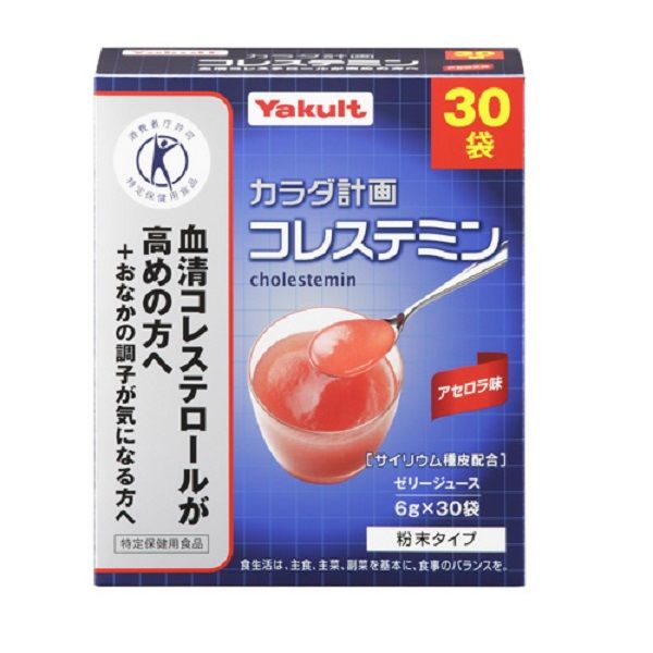 「コレステロールの吸収をおさえる」、「おなかの調子を整える」、2つの働きをもつ特定保健用食品です。 ●食物繊維を多く含むサイリウム種皮を原料とし、血清コレステロールやおなかの調子が気になる方に適するよう工夫されています。 ●甘酸っぱいアセロラ味のゼリージュースタイプなので、毎日おいしくお召し上がりいただけます。 【お召し上がり方】1日当たり2袋（12g）を目安に、1袋につき100ml程度の水等に溶かして、ゼリージュースとしてスプーンでお召し上がりください。※お願い：直接口に含まずに必ず水に混ぜてお召し上がりください。 【原材料名】サイリウム種皮、ブドウ糖、酸味料、香料、紅麹色素、甘味料（アスパルテーム・L-フェニルアラニン化合物） 【ご注意】 ・直接口に含まずに必ず水に混ぜてお召し上がりください。 ・月経時および貧血気味の方は、鉄分の補給を心掛けてください。 ・サイリウムに直接触れる業務（調合、製造等）にたずさわる人が、本製品を摂取した場合に、ごくまれに皮膚にかゆみ、発疹の過敏反応を引き起こす可能性があります。 【内容量】180g（6g×30袋） 【特定保健用食品】 ＊パッケージデザイン等は予告なく変更されることがあります。ご了承ください。 ※お買い上げいただける個数は2個までです。　 項目 内容 製品名 カラダ計画「コレステミン アセロラ味」 製品の特徴 食物繊維を多く含むサイリウム種皮を原料とし、血清コレステロールやおなかの調子が気になる方に適するよう工夫されています。 甘酸っぱいアセロラ味のゼリージュースタイプなので、毎日おいしくお召し上がりいただけます。 召し上がり方 1袋につき100ml程度の水等に溶かして、ゼリージュースとしてスプーンでお召し上がりください。 ※お願い：直接口に含まずに必ず水に混ぜてお召し上がりください。 原材料 サイリウム種皮、ブドウ糖、酸味料、香料、紅麹色素、甘味料(アスパムテーム・Lフェニルアラニン化合物) 栄養成分 関与成分：サイリウム種皮由来の食物繊維・・・8.0g (2袋(12g)あたり)熱量・・・14.8kcaLたんぱく質・・・0.1g脂質・・・0g糖質・・・3.5g食物繊維・・・8.0gナトリウム・・・6.0mg 注意事項 ・作り置きは避け、分包開封後はお早めにお召し上がり下さい。・各袋は開封後使い切るようにして下さい。・色調等が異なる場合がありますが、品質には問題ありません。・直接口に含まず必ず水に混ぜてお召し上がり下さい。・月経時および貧血気味の方は、鉄分の補給を心掛けて下さい。・妊娠・授乳中の方および薬剤を処方されている方は、念のため医師にご相談下さい。・体質により、まれに身体に合わない場合があります。その場合は使用を中止して下さい。・サイリウムに直接触れる業務(調合・製造等)にたずさわる人が、本製品を摂取した場合に、ごくまれに皮膚のかゆみ、発疹の過剰反応を引き起こす可能性があります。・乳幼児の手の届かない所に保管して下さい。 ・分包の端等で手等を切らないよう、お気を付け下さい。 保存方法 ・高温・多湿及び直射日光を避けて保存してください 販売会社 ヤクルトヘルスフーズ株式会社 お客様相談窓口　0120-929-214 受付時間：9：00〜17：00(土、日、祝日を除く) 広告文責 株式会社クスリのわかば 電話番号：0277-54-7447 商品区分 日本製・特定保健用食品