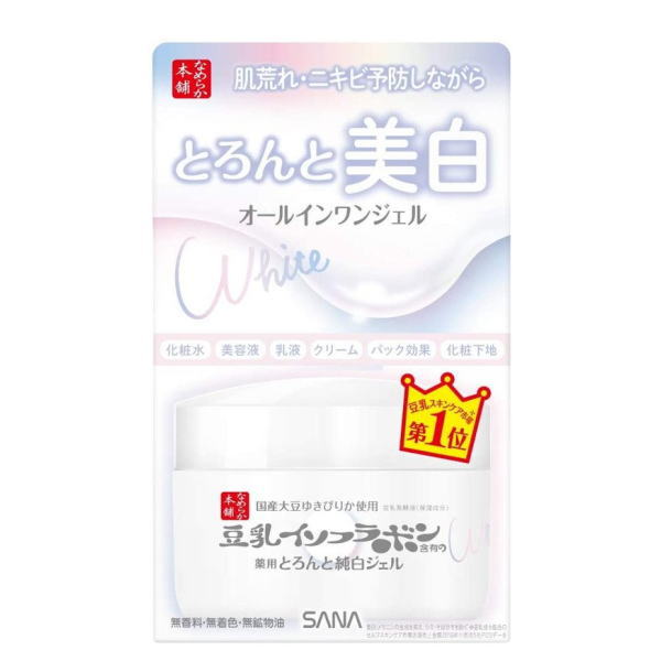 ・なめらか本舗美白ラインオリジナルの北海道産丸大豆ゆきぴりか使用の豆乳発酵液(保湿成分)に加え、美白有効成分のアルブチンと肌荒れ防止成分(グリチルリチン酸ジカリウム)を配合。 ・お肌の上でとろけるようになじみ、みずみずしく変化するジェルだから、お肌にぐんぐん角層まで浸透。さらに形態記憶ジェルがお肌に膜を張ってうるおいを閉じ込めます。 ・1つで6役（化粧水、美容液、乳液、クリーム、パック効果、化粧下地） ・無香料・無着色・無鉱物油 【ご使用法】 洗顔後、手に適量をとり、お顔全体になじませてください。朝晩お使いいただけます。 【内容量】100g 【販売元】常磐薬品工業株式会社 【生産国】日本 【区分】医薬部外品 【広告文責】株式会社クスリのわかば 【電話】0277-54-7447 ＊パッケージデザイン等は予告なく変更されることがあります。ご了承ください。【成分】 有効成分：アルブチン、 グリチルリチン酸ジカリウム その他の成分：水、 DPG、 濃グリセリン、 2−エチルヘキサン酸セチル、 1，2−ペンタンジオール、 豆乳発酵液、 ダイズエキス、 BG、 アクリル酸・メタクリル酸アルキル共重合体、 エタノール、 グリセリンモノ2−エチルヘキシルエーテル、 ジエチレントリアミン五酢酸五ナトリウム液、 ステアロイルグルタミン酸Na、 トリ2−エチルヘキサン酸グリセリル、 ピロ亜硫酸ナトリウム、 ベヘニルアルコール、 ポリエチレングリコール・デシルテトラデセス−20・ヘキサメチレンジイソシアネート共重合体、 ポリオキシエチレン硬化ヒマシ油、 メチルフェニルポリシロキサン、 リン酸L−アスコルビルマグネシウム、 水酸化Na、 天然ビタミンE、 フェノキシエタノール 【ご注意】 ●お肌に異常が生じていないかよく注意して使用してください。 ●傷・はれもの・しっしん等異常のあるときは、お使いにならないでください。 ●使用中、または使用後日光にあたって、赤味・はれ・かゆみ・刺激、色抜け(白斑等)や黒ずみ等の異常があらわれたときは、使用を中止し、皮フ科専門医等にご相談されることをおすすめします。そのまま化粧品類の使用を続けますと悪化することがあります。 ●極端に高温または低温の場所、直射日光のあたる場所には保管しないでください。 ●配合成分の特性上、中身の色や香りが変化することがありますが、品質には問題ありません。 【販売会社】 常磐薬品工業株式会社 お客様相談室　電話：0120-081-937 受付時間：9：00〜17：00(土、日、祝日、年末年始を除く) 【広告文責】 株式会社クスリのわかば 電話番号：0277-54-7447 【商品区分】 日本製　医薬部外品