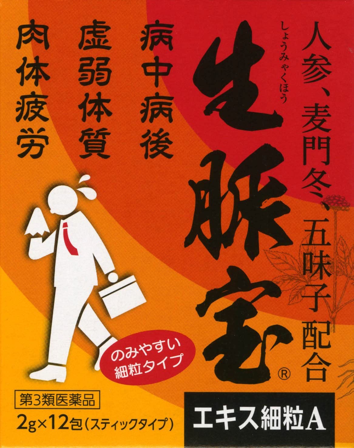 【効能・効果】 次の場合の滋養強壮： 虚弱体質、肉体疲労、病中病後、胃腸虚弱、食欲不振、血色不良、冷え症 【用法・用量】 次の量を食前又は食間に水又は温湯で服用してください。 （食間とは食後2〜3時間を指します。） ［年齢：分包剤（1回量）：大入り剤（1回量）：1日服用回数］ 成人（15歳以上）：1包：2.0g：3回 15歳未満：服用しないでください ＜用法関連注意＞ 用法・用量を厳守してください。 【成分分量】 本品3包(6.0g)又は6.0g中 ニンジンエキスS2　　860mg　　（人参3000mgに相当） バクモンドウエキスS　　420mg　　（麦門冬1800mgに相当） ゴミシエキス　　400mg　　（五味子1200mgに相当） オウギエキスS　　290mg　　（黄耆1200mgに相当） ＜添加物＞ 乳糖、デキストリン、軽質無水ケイ酸、ヒプロメロース、トウモロコシデンプン 【使用上の注意】 ■相談すること 1．服用後、次の症状があらわれた場合は副作用の可能性がありますので、直ちに服用を中止し、この文書を持って医師、薬剤師又は登録販売者に相談してください。 ［関係部位：症状］ 皮膚：発疹・発赤、かゆみ 消化器：食欲不振、胃部不快感、下痢 2．長期連用する場合には、医師、薬剤師又は登録販売者に相談してください。 【保管及び取扱い上の注意】 （1）直射日光の当たらない、湿気の少ない涼しい所に保管してください。 （2）小児の手の届かない所に保管してください。 （3）他の容器に入れ替えないでください。（誤用の原因になったり、品質が変わることがあります。） （4）本剤は天然物を成分としていますので、製品により若干色調が異なることがありますが、効果には変わりありません。 （5）使用期限を過ぎた製品は服用しないでください。 【お問い合わせ】 本品の内容についてのお問い合わせは，お買い求めのお店または下記にお願い申し上げます。 会社名：松浦薬業株式会社 問い合わせ先：お客様相談窓口 電話：（052）883-5172 受付時間：10：00〜17：00（土・日・祝日を除く） 会社名：株式会社ウチダ和漢薬 問い合わせ先：お客様相談センター 電話：03-3806-4141 受付時間：9：00〜17：30（土・日・祝日を除く） 広告文責：あおき漢方堂　097-560-2171