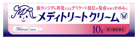 【必ずご確認ください】 ご注文内容に第1類医薬品が含まれる場合はご注文は確定されません。 ご注文後、購入履歴の詳細画面より服用に関する注意事項をご確認の上、 承諾していただく必要がございます。 承諾していただくことでご注文確定となります。 薬剤師が第1類医薬品をご使用いただけないと判断した場合は、第1類医薬品を含むすべてのご注文がキャンセルとなります。 あらかじめご了承くださいますようお願い致します。 ＞＞第1類医薬品を含むご注文後の流れについて詳しくはコチラをご覧ください。 お買い上げいただける個数は2個までです リニューアルに伴いパッケージ・内容等予告なく変更する場合がございます。予めご了承ください。 名　称 メディトリートクリーム 内容量 10g 特　徴 ◆メディトリートクリームは、ミコナゾール硝酸塩を主成分とした外陰用の治療薬です。 ◆ミコナゾール硝酸塩は、腟カンジダの原因であるカンジダ菌を殺菌し、腟カンジダによる諸症状を改善します。 ◆メディトリートクリームは、腟カンジダの再発による、発疹を伴う外陰部のかゆみに効果を発揮します。 効能・効果 腟カンジダの再発による、発疹を伴う外陰部のかゆみ（過去に医師の診断・治療を受けた方に限る） ただし、腟症状（おりもの、熱感等）を伴う場合は、必ず腟剤（腟に挿入する薬）を併用してください。 ●注意本剤はカンジダによる外陰部の症状を改善しますが、腟内の治療を行うものではありません。 解説 外陰部の症状は、腟の中にいるカンジダ菌が外陰部に影響を及ぼすことによって起こる疾病で、かゆみの他、発疹、熱感を生じます。外陰部皮膚に発赤やただれ等の発疹を伴うかゆみがあらわれた場合にお使いください。 用法・用量 成人（15歳以上60歳未満）、1日2〜3回、適量を患部に塗布してください。 ただし、3日間使用しても症状の改善がみられないか、6日間使用しても症状が消失しない場合は、医師の診療を受けてください。 （1）外陰部症状のみの場合：本剤を使用してください。腟剤（腟に挿入する薬）との併用が望まれます。 （2）腟症状（おりもの、熱感等）を伴う場合：本剤に腟剤（腟に挿入する薬）を併用してください。 ●用法・用量に関連する注意（1）定められた用法・用量を厳守してください。 （2）目に入らないように注意してください。万一、目に入った場合には、すぐに水又はぬるま湯で洗い、直ちに眼科医の診療を受けてください。 （3）腟周辺（外陰）にのみ使用してください。 （4）使用前後によく手を洗ってください。 （5）生理中の使用は避け、使用中に生理になった場合は本剤の使用を中止してください。その場合は治癒等の確認が必要であることから医師の診療を受けてください。（生理中は薬剤が流され、効果が十分得られない場合があります） ※ご使用の前に入浴するか、ぬるま湯で患部を清潔にし、使用してください。 成分・分量 1g中 ミコナゾール硝酸塩・・・10mg （カンジダ菌に対して強い抗菌作用を示します。） 添加物：ポリオキシエチレンセチルエーテル、自己乳化型モノステアリン酸グリセリン、パラベン、ミリスチン酸イソプロピル、流動パラフィン、セタノール 区　分 第1類医薬品/腟カンジダの再発治療薬、外陰用外用薬/日本製 ご注意 使用上の注意 ●してはいけないこと （守らないと現在の症状が悪化したり、副作用が起こりやすくなります） 1．次の人は使用しないでください （1）初めて発症したと思われる人。（初めて症状があらわれた場合は、他の疾病が原因の場合がありますので、医師の診断を受ける必要があります） （2）本剤又は本剤の成分によりアレルギー症状を起こしたことがある人。（本剤の使用により再びアレルギー症状を起こす可能性があります） （3）15歳未満又は60歳以上の人。（15歳未満の人は初めて発症した可能性が高く、また60歳以上の人は他の疾患の可能性や他の菌による複合感染の可能性があるため） （4）妊婦又は妊娠していると思われる人。（薬の使用には慎重を期し、医師の診断を受ける必要があります） （5）発熱、悪寒、下腹部痛、背中や肩の痛み、色のついた又は血に染まったおりもの、魚臭いおりもの、生理の停止、腟からの不規則又は異常な出血、腟又は外陰部における潰瘍、浮腫又はただれがある人。（別の疾病の可能性がありますので、医師の診断を受ける必要があります） （6）次の診断を受けた人。 糖尿病（頻繁に本疾病を繰り返す可能性が高いので、医師の診断を受ける必要があります） （7）本疾病を頻繁に繰り返している人。（1〜2ヵ月に1回又は6ヵ月以内に2回以上） （8）腟カンジダの再発かわからない人。（自己判断できない場合は、医師の診断を受ける必要があります） 2．次の部位には使用しないでください （1）腟周辺（外陰）以外の部位。（本剤は外陰部以外に使用する製品ではありません） ●相談すること 1．次の人は使用前に医師又は薬剤師に相談してください （1）医師の治療を受けている人。（医師から処方されている薬に影響したり、本剤と同じ薬を使用している可能性もあります） （2）薬などによりアレルギー症状を起こしたことがある人。（薬などでアレルギーを起こした人は、本剤でも起こる可能性があります） （3）授乳中の人。（薬の使用には慎重を期す必要があります） 2．使用後、次の症状があらわれることがあるので、このような症状の持続又は増強が見られた場合には、使用を中止し、この説明書を持って医師又は薬剤師に相談してください 関係部位：症状 腟周辺の皮膚（外陰）：かゆみ、発疹・発赤、かぶれ、熱感、びらん、刺激感、小水疱、はれ、乾燥・亀裂、落屑 （本剤によるアレルギー症状であるか、本剤の薬理作用が強くあらわれたものであると考えられ、このような場合、同じ薬を続けて使用すると症状がさらに悪化する可能性があります） 3．3日間使用しても症状の改善がみられない場合又は6日間使用しても症状が消失しない場合は、医師の診療を受けてください。特に、クリーム単独使用の場合は、自己判断で治療をすることなく医師の診療を受けてください。（症状が重いか他の疾病による可能性があります） ●保管及び取扱い上の注意（1）直射日光の当たらない涼しい所に密栓して保管してください。 （2）小児の手のとどかない所に保管してください。 （3）他の容器に入れ替えないでください。（誤用の原因になったり、品質が変わることがあります） （4）コンドームやペッサリー等の避妊用ラテックス製品との接触を避けてください。（これらの製品が劣化・破損することがあります） （5）使用期限を過ぎた製品は使用しないでください。なお、使用期限内であっても、開封後はなるべくはやく使用してください。（品質保持のため） ◆その他、本品記載の使用法・使用上の注意をよくお読みの上ご使用下さい。 製造販売元 大正製薬株式会社　東京都豊島区高田3丁目24番1号 お問合せ 大正製薬株式会社　お客様119番室　電話03-3985-1800 受付時間：8時30分〜21時(土、日、祝日を除く) 広告文責 株式会社ツルハグループマーチャンダイジング カスタマーセンター　0852-53-0680 文責：株式会社ツルハグループマーチャンダイジング　管理薬剤師　松原道子、薬剤師　堀壽子 JANコード：4987306016590【必ずご確認ください】 ご注文内容に第1類医薬品が含まれる場合はご注文は確定されません。 ご注文後、購入履歴の詳細画面より服用に関する注意事項をご確認の上、 承諾していただく必要がございます。 承諾していただくことでご注文確定となります。 薬剤師が第1類医薬品をご使用いただけないと判断した場合は、第1類医薬品を含むすべてのご注文がキャンセルとなります。 あらかじめご了承くださいますようお願い致します。 ＞＞第1類医薬品を含むご注文後の流れについて詳しくはコチラをご覧ください。