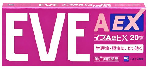 お買い上げいただける個数は3個までです リニューアルに伴いパッケージ・内容等予告なく変更する場合がございます。予めご了承ください。 名　称 イブA錠EX 内容量 20錠 特　徴 ◆生理痛に速くよく効く ◆特長1：つらい生理痛に、すぐれた効果を発揮 特長2：小粒で飲みやすい ◆イブA錠EXは、すぐれた鎮痛効果を実現させるために、鎮痛成分イブプロフェンを1回量200mg配合。さらにその鎮痛効果を高めるアリルイソプロピルアセチル尿素と無水カフェインを配合した製剤です。 効能・効果 ◆月経痛（生理痛）・頭痛・歯痛・咽喉痛・関節痛・筋肉痛・神経痛・腰痛・肩こり痛・抜歯後の疼痛・打撲痛・耳痛・骨折痛・ねんざ痛・外傷痛の鎮痛 ◆悪寒・発熱時の解熱 用法・用量 次の1回量を1日2回を限度とし、なるべく空腹時をさけて水又はぬるま湯で服用してください。服用間隔は6時間以上おいてください。 【年齢：1回量】 成人（15才以上）：2錠 15才未満：服用しないこと ●用法・用量に関連する注意 （1）用法・用量を厳守してください。 （2）錠剤の取り出し方 錠剤の入っているPTPシートの凸部を指先で強く押して裏面のアルミ箔を破り、取り出してお飲みください。（誤ってそのまま飲み込んだりすると食道粘膜に突き刺さるなど思わぬ事故につながります。） 成分・分量 2錠中 イブプロフェン・・・200mg：痛みのもと（プロスタグランジンの発生）を抑えます。 アリルイソプロピルアセチル尿素・・・60mg：イブプロフェンの鎮痛作用を高める鎮静成分です。 無水カフェイン・・・80mg：血管の拡張を抑え、イブプロフェンの鎮痛効果を助けます。 添加物：添加物：無水ケイ酸、セルロース、クロスカルメロースNa、ポリビニルアルコール・アクリル酸・メタクリル酸メチル共重合体、タルク、ステアリン酸Mg、ヒドロキシプロピルセルロース、ヒプロメロース、マクロゴール、酸化チタン 区　分 医薬品/商品区分：指定第2類医薬品/解熱鎮痛薬治療薬/日本製 ご注意 使用上の注意 ●してはいけないこと （守らないと現在の症状が悪化したり、副作用・事故が起こりやすくなります。） 1．次の人は服用しないでください （1）本剤又は本剤の成分によりアレルギー症状を起こしたことがある人。 （2）本剤又は他の解熱鎮痛薬、かぜ薬を服用してぜんそくを起こしたことがある人。 （3）15才未満の小児。 （4）出産予定日12週以内の妊婦。 2．本剤を服用している間は、次のいずれの医薬品も服用しないでください 他の解熱鎮痛薬、かぜ薬、鎮静薬、乗物酔い薬 3．服用後、乗物又は機械類の運転操作をしないでください （眠気等があらわれることがあります。） 4．服用前後は飲酒しないでください 5．長期連用しないでください ●相談すること 1．次の人は服用前に医師、歯科医師、薬剤師又は登録販売者に相談してください （1）医師又は歯科医師の治療を受けている人。 （2）妊婦又は妊娠していると思われる人。 （3）授乳中の人。 （4）高齢者。 （5）薬などによりアレルギー症状を起こしたことがある人。 （6）次の診断を受けた人。心臓病、腎臓病、肝臓病、全身性エリテマトーデス、混合性結合組織病 （7）次の病気にかかったことのある人。胃・十二指腸潰瘍、潰瘍性大腸炎、クローン病 2．服用後、次の症状があらわれた場合は副作用の可能性があるので、直ちに服用を中止し、この説明書を持って医師、薬剤師又は登録販売者に相談してください 【関係部位：症状】 皮膚：発疹・発赤、かゆみ、青あざができる 消化器：吐き気・嘔吐、食欲不振、胃部不快感、胃痛、口内炎、胸やけ、胃もたれ、胃腸出血、腹痛、下痢、血便 精神神経系：めまい 循環器：動悸 呼吸器：息切れ その他：目のかすみ、耳なり、むくみ、鼻血、歯ぐきの出血、出血が止まりにくい、出血、背中の痛み、過度の体温低下、からだがだるい まれに下記の重篤な症状が起こることがあります。その場合は直ちに医師の診療を受けてください。 【症状の名称：症状】 ショック（アナフィラキシー）：服用後すぐに、皮膚のかゆみ、じんましん、声のかすれ、くしゃみ、のどのかゆみ、息苦しさ、動悸、意識の混濁等があらわれる。 皮膚粘膜眼症候群（スティーブンス・ジョンソン症候群）、中毒性表皮壊死融解症：高熱、目の充血、目やに、唇のただれ、のどの痛み、皮膚の広範囲の発疹・発赤等が持続したり、急激に悪化する。 肝機能障害：発熱、かゆみ、発疹、黄疸（皮膚や白目が黄色くなる）、褐色尿、全身のだるさ、食欲不振等があらわれる。 腎障害：発熱、発疹、尿量の減少、全身のむくみ、全身のだるさ、関節痛（節々が痛む）、下痢等があらわれる。 無菌性髄膜炎：首すじのつっぱりを伴った激しい頭痛、発熱、吐き気・嘔吐等の症状があらわれる。（このような症状は、特に全身性エリテマトーデス又は混合性結合組織病の治療を受けている人で多く報告されている。） ぜんそく：息をするときゼーゼー、ヒューヒューと鳴る、息苦しい等があらわれる。 再生不良性貧血：青あざ、鼻血、歯ぐきの出血、発熱、皮膚や粘膜が青白くみえる、疲労感、動悸、息切れ、気分が悪くなりくらっとする、血尿等があらわれる。 無顆粒球症：突然の高熱、さむけ、のどの痛み等があらわれる。 3．服用後、次の症状があらわれることがあるので、このような症状の持続又は増強が見られた場合には、服用を中止し、この商品の説明書を持って医師、薬剤師又は登録販売者に相談してください 便秘、眠気 4．3〜4回服用しても症状がよくならない場合は服用を中止し、この説明書を持って医師、歯科医師、薬剤師又は登録販売者に相談してください ●保管及び取扱い上の注意（1）直射日光の当たらない湿気の少ない涼しい所に保管してください。 （2）小児の手の届かない所に保管してください。 （3）他の容器に入れ替えないでください。（誤用の原因になったり品質が変わることがあります。） （4）使用期限をすぎたものは服用しないでください。 ◆その他、本品記載の使用法・使用上の注意をよくお読みの上ご使用下さい。 製造販売元 エスエス製薬株式会社　東京都新宿区西新宿 3-20-2 お問い合わせ先 エスエス製薬株式会社　お客様相談室　0120-028-193 受付時間：9時〜17時30分まで(土、日、祝日を除く) 広告文責 株式会社ツルハグループマーチャンダイジング カスタマーセンター　0852-53-0680 JANコード：4987300058503