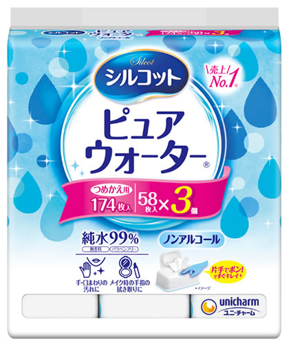 ユニチャーム シルコット ピュアウォーター ウェットティッシュ つめかえ用 (58枚×3個) 詰め替え用