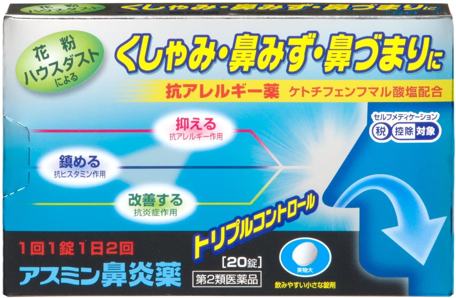 製品の特徴 ■トリプル・コントロール アスミン鼻炎薬は，出てしまった症状を鎮める抗ヒスタミン作用，アレルギー誘発物質の放出を元から抑える抗アレルギー作用，粘膜の炎症を改善し症状が繰り返し起こりにくい状態を保つ3つの働きを持つ「ケトチフェンフマル酸塩」を配合したお薬です。 抑える 抗アレルギー作用：アレルギーの原因となる誘発物質を抑えます。 鎮める 抗ヒスタミン作用：ヒスタミン受容体をブロックし，すでに起こってしまった症状を鎮めます。 改善する 抗炎症作用：粘膜の炎症を改善し，過敏になっているアレルギー症状を抑えます。 使用上の注意 ■してはいけないこと （守らないと現在の症状が悪化したり，副作用・事故が起こりやすくなる） 1．次の人は服用しないこと 　（1）本剤又は本剤の成分によりアレルギー症状を起こしたことがある人。 　（2）てんかん又はけいれん発作を起こしたことがある人。 　（3）15歳未満の小児。 2．本剤を服用している間は，次のいずれの医薬品も使用しないこと 　他のアレルギー用薬（皮膚疾患用薬，鼻炎用内服薬を含む），抗ヒスタミン剤を含有する内服薬等（かぜ薬，鎮咳去痰薬，乗物酔い薬，催眠鎮静薬等） 3．服用後，乗物又は機械類の運転操作をしないこと（眠気等があらわれることがある。） 4．授乳中の人は本剤を服用しないか，本剤を服用する場合には授乳を避けること（動物実験で乳汁中への移行が認められている。） 5．服用前後は飲酒しないこと ■相談すること 1．次の人は服用前に医師，薬剤師又は登録販売者に相談すること 　（1）医師の治療を受けている人。 　（2）減感作療法等，アレルギーの治療を受けている人。 　（3）妊婦又は妊娠していると思われる人。 　（4）高齢者 　（5）薬などによりアレルギー症状を起こしたことがある人。 　（6）アレルギーによる症状か他の原因による症状かはっきりしない人。 　（7）次の症状のある人。 　　排尿困難 　（8）次の診断を受けた人。 　　気管支ぜんそく，アトピー性皮膚炎 2．服用後，次の症状があらわれた場合は副作用の可能性があるので，直ちに服用を中止し，この説明文書を持って医師，薬剤師又は登録販売者に相談すること ［関係部位：症状］ 皮膚：紅斑，発疹，浮腫，かゆみ 鼻：鼻血 精神神経系：めまい，ふらつき，だるさ，頭痛，味覚異常，しびれ感，神経過敏，イライラ感，頭がボーっとする 消化器：吐き気・嘔吐，食欲不振，胃部不快感，腹痛，口内炎 泌尿器：頻尿，排尿痛，血尿，残尿感 その他：動悸，ほてり，月経異常，体重増加 　まれに次の重篤な症状が起こることがある。その場合は直ちに医師の診療を受けること。 ［症状の名称：症状］ 中枢神経症状：一過性の意識消失，けいれん，興奮等があらわれる。 肝機能障害：発熱，かゆみ，発疹，黄疸（皮膚や白目が黄色くなる），褐色尿，全身のだるさ，食欲不振等があらわれる。 3．服用後，次の症状があらわれることがあるので，このような症状の持続又は増強が見られた場合には，服用を中止し，この説明文書を持って医師，薬剤師又は登録販売者に相談すること 　口のかわき，便秘，下痢，眠気，不眠 4．1週間位服用しても症状がよくならない場合は服用を中止し，この説明文書を持って医師，薬剤師又は登録販売者に相談すること 5．次の場合は，医師，薬剤師又は登録販売者に相談すること 　症状の改善がみられても服用期間が2週間を超える場合 効能・効果 花粉，ハウスダスト（室内塵）などによる次のような鼻のアレルギー症状の緩和：くしゃみ，鼻水（鼻汁過多），鼻づまり 効能関連注意 用法・用量 成人（15歳以上）1回1錠，1日2回朝食後及び就寝前に服用してください。 ［年令：1回量：服用回数］ 成人（15歳以上）：1錠：1日2回　朝食後及び就寝前 15歳未満：服用しないこと 用法関連注意 1．花粉など季節性のアレルギー性鼻炎による症状に使用する場合は，花粉飛散期に入って症状が出始めたら，症状の軽い早めの時期からの服用が効果的です。 2．定められた用法・用量（必ず1回1錠，1日2回）を厳守してください。 3．1週間位服用しても症状がよくならない場合は，直ちに服用を中止し，医師，薬剤師又は登録販売者に相談してください。（個人差等により薬の効果があらわれるまでに2週間位かかる場合もあります。） 4．錠剤の取り出し方 　錠剤の入っているPTPシートの凸部を指先で強く押して裏面のアルミ箔を破り，取り出して服用してください。（誤ってそのまま飲み込んだりすると食道粘膜に突き刺さる等思わぬ事故につながります。） 成分分量 1錠中 成分 分量 内訳 ケトチフェンフマル酸塩 1.38mg （ケトチフェン1mg） 添加物 乳糖水和物，結晶セルロース，ヒドロキシプロピルセルロース，カルメロースカルシウム(CMC-Ca)，軽質無水ケイ酸，ステアリン酸マグネシウム 保管及び取扱い上の注意 1．直射日光の当たらない湿気の少ない涼しい所に保管してください。 2．小児の手の届かない所に保管してください。 3．他の容器に入れ替えないでください。（誤用の原因になったり，品質が変わることがあります。） 4．使用期限を過ぎた製品は服用しないでください。 消費者相談窓口 会社名：薬王製薬株式会社 問い合わせ先：お客様相談室 電話：0744-33-8855 受付時間：9：00〜17：00（土，日，祝日を除く） 製造販売会社 薬王製薬（株） 会社名：薬王製薬株式会社 住所：奈良県磯城郡田原本町245番地 販売会社 剤形 錠剤 リスク区分等 第2類医薬品　