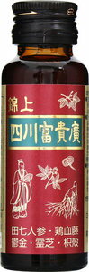 特　徴 錦上四川富貴廣液は田七人参・鶏血藤・鬱金・霊芝・蘇合香・枳殻を主原料とした栄養補助食品です。 成分・分量 【原材料名】 白糖、田七人参エキス、鶏血藤乾燥エキス、枳殻エキス、ウコン抽出液、霊芝エキスパウダー、蘇合香、エタノール、トレハロース、ソルビトール、増粘剤（アラビアガム）、pH調整剤、保存料（安息香酸Na、ブチルパラベン、エチルパラベン） 【内容成分】　1本（30mL）中 田七人参　・・・　1000mg 鶏血藤　・・・　1000mg 鬱金　・・・　500mg 霊芝　・・・　500mg 蘇合香　・・・　1mg 枳殻　・・・　600mg お召し上がり方 1日1本（30mL）を目安にお召し上がりください。　