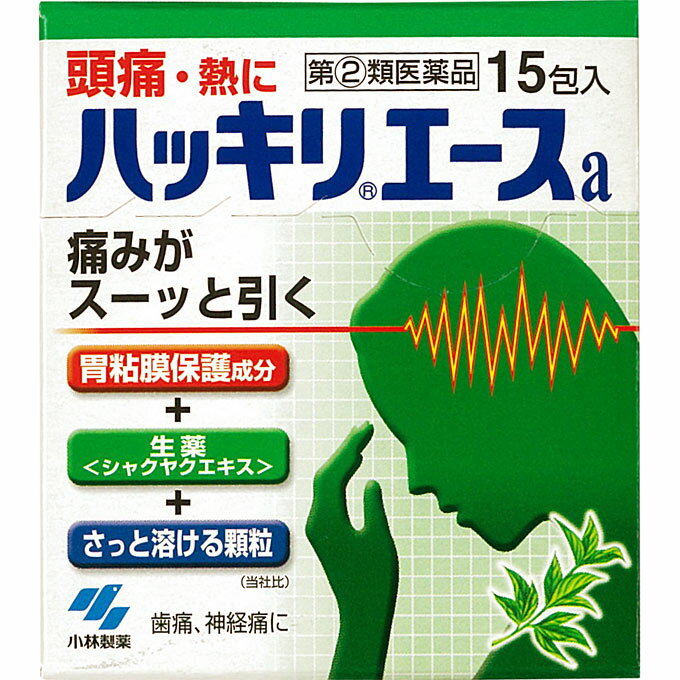 商品詳細 ○生薬鎮痛成分（シャクヤクエキス）を配合した頭痛薬です ○胃粘膜保護成分を配合した胃にやさしい頭痛薬です ○早く溶けるさわやかな緑の顆粒です ○非アスピリン製剤です ○眠くなる成分は配合していません 成分・分量・用法 成分・分量 ＜有効成分＞ 1日量（3包：2352mg）中 アセトアミノフェン・・・690mg （鎮痛・解熱作用） エテンザミド・・・690mg （鎮痛・解熱作用） カフェイン水和物・・・225mg （鎮痛補助作用） シャクヤクエキス・・・150mg（原生薬換算量600mg） （鎮痛作用） メタケイ酸アルミン酸マグネシウム・・・450mg （胃粘膜保護作用） 添加物として、カンゾウエキス末、L-メントール、乳糖、銅クロロフィリンNa、CMC-Ca、ヒドロキシプロピルセルロースを含有する 用法及び用量 次の量を1日3回を限度とし、なるべく空腹時をさけて水またはお湯で服用し、服用間隔は4時間以上おいてください ○大人（15才以上）・・・1回量1包、1日服用回数3回まで ○11才以上15才未満・・・1回量2/3包、1日服用回数3回まで ○11才未満・・・服用しないこと ＜用法・用量に関する注意＞ （1）定められた用法・用量を厳守すること （2）小児に服用させる場合には、保護者の指導監督のもとに服用させること （3）11才未満の小児には服用させないこと 剤型・形状 細粒・顆粒剤 効能 効能・効果 ○頭痛・歯痛・抜歯後の疼痛・咽喉痛・耳痛・関節痛・神経痛・腰痛・筋肉痛・肩こり痛・打撲痛・骨折痛・ねんざ痛・月経痛（生理痛）・外傷痛の鎮痛 ○悪寒・発熱時の解熱 使用上の注意 使用上の注意点 1．次の人は服用しないこと （1）本剤または本剤の成分によりアレルギー症状を起こしたことがある人 （2）本剤または他の解熱鎮痛薬、かぜ薬を服用してぜんそくを起こしたことがある人 2．本剤を服用している間は、次のいずれの医薬品も服用しないこと 他の解熱鎮痛薬、かぜ薬、鎮静薬 3．服用前後は飲酒しないこと 4．長期連用しないこと 使用上の相談点 1．次の人は服用前に医師、歯科医師、薬剤師または登録販売者に相談すること （1）医師または歯科医師の治療を受けている人 （2）妊婦または妊娠していると思われる人 （3）水痘（水ぼうそう）もしくはインフルエンザにかかっているまたはその疑いのある乳・幼・小児（15才未満） （4）高齢者 （5）薬などによりアレルギー症状を起こしたことがある人 （6）次の診断を受けた人：心臓病、腎臓病、肝臓病、胃・十二指腸潰瘍 2．服用後、右記の症状があらわれた場合は副作用の可能性があるので、直ちに服用を中止し、この文書を持って医師、薬剤師または登録販売者に相談すること 関係部位：症状 皮ふ：発疹・発赤、かゆみ 消化器：吐き気・嘔吐、食欲不振 精神神経系：めまい その他：過度の体温低下 まれに下記の重篤な症状が起こることがある。その場合は直ちに医師の診療を受けること 症状の名称：症状 ショック（アナフィラキシー）：服用後すぐに、皮ふのかゆみ、じんましん、声のかすれ、くしゃみ、のどのかゆみ、息苦しさ、動悸、意識の混濁などがあらわれる 皮ふ粘膜眼症候群 (スティーブンス・ジョンソン症候群)、中毒性表皮壊死融解症 急性汎発性発疹性膿疱症：高熱、目の充血、目やに、唇のただれ、のどの痛み、皮ふの広範囲の発疹・発赤、赤くなった皮ふ上に小さなブツブツ(小膿疱)が出る、全身がだるい、食欲がないなどが持続したり、急激に悪化する 肝機能障害：発熱、かゆみ、発疹、黄だん(皮ふや白目が黄色くなる)、褐色尿、全身のだるさ、食欲不振などがあらわれる 腎障害：発熱、発疹、尿量の減少、全身のむくみ、全身のだるさ、関節痛（節々が痛む）、下痢などがあらわれる 間質性肺炎：階段を上ったり、少し無理をしたりすると息切れがする・息苦しくなる、空せき、発熱などがみられ、これらが急にあらわれたり、持続したりする ぜんそく：息をするときゼーゼー、ヒューヒューと鳴る、息苦しいなどがあらわれる 3．5〜6回服用しても症状がよくならない場合は服用を中止し、この文書を持って医師、歯科医師、薬剤師または登録販売者に相談すること 保管および取扱上の注意点 （1）直射日光の当たらない湿気の少ない涼しいところに保管すること （2）小児の手の届かないところに保管すること （3）他の容器に入れ替えないこと（誤用の原因になったり品質が変わる） （4）1包を分割して服用する場合、残った薬剤は袋の口を折り返して保管すること また、保管した残りの薬剤は、その日のうちに服用するか捨てること 製品お問い合わせ先 お客様相談室 0120-5884-01 ●メーカー 　　 小林製薬 ●区分　　　　 日本製・指定第2類医薬品 ●分類　　　　　解熱鎮痛薬 ●広告文責　　 株式会社ルージュ 03-3980-1585 ※画像はイメージ画像となっております。