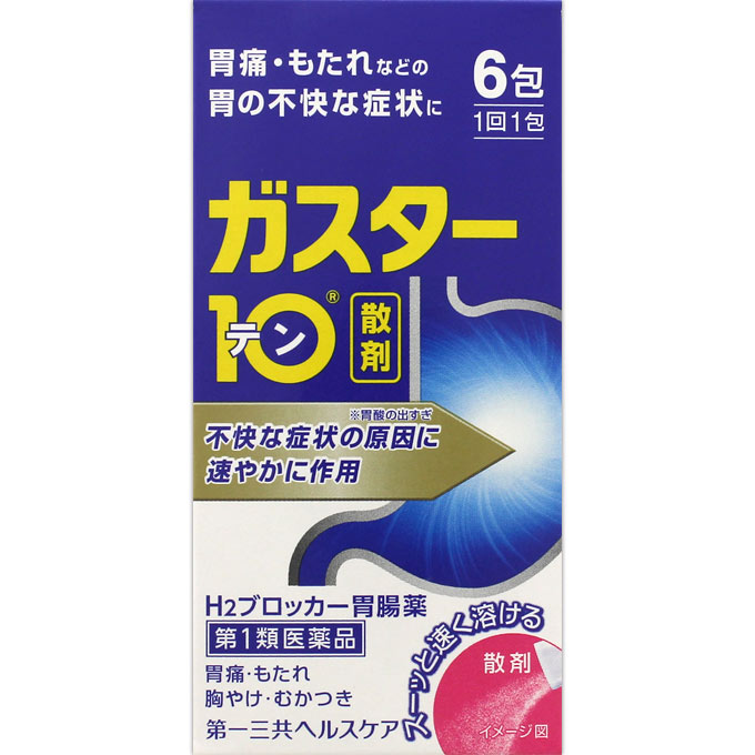 第1類医薬品購入には、薬剤師の問診結果を承諾いただいた後に、商品が配送されます。 第1類医薬品以外の商品を同時ご購入の場合、第1類医薬品の問診承諾が完了するまで商品は発送されません。 ・第1類医薬品の確認にお時間をいただいた場合でも、第1類医薬品以外の商品を先に別送することはできません。 ・第1類医薬品がキャンセルになりますと、ご注文すべての商品がキャンセルとなり、他の商品は再度ご購入手続きが必要となります。その際にご利用いただいたクーポン等の有効期間が切れた場合、クーポン内容は補償されませんので予めご了承ください。 ※お一人様1個限りとなります。 商品詳細 ・本剤は胃酸中和型の胃腸薬とは異なるタイプの胃腸薬で、胃痛・もたれなどにすぐれた効果を発揮します。 ・胃の不快な症状の原因となる胃酸の出過ぎをコントロールし、胃粘膜の修復を促します。 ・携帯にも便利な分包タイプです。 ・3日間服用しても症状の改善がみられない場合は、服用を止めて、この文書を持って医師又は薬剤師に相談して下さい。 ・2週間を超えて続けて服用しないで下さい。 （重篤な消化器疾患を見過ごすおそれがありますので、医師の診療を受けて下さい） この薬は決められた時間ごとに服用する薬ではなく、症状が出た時に服用する薬です。食事による影響はありませんので、食前・食後・食間いつ服用いただいても結構です。 1回1包で約8時間胃酸の出過ぎをコントロールしますので、1日2回服用する場合は8時間以上あけて下さい。 胃腸の健康を維持するために 暴飲暴食、嗜好品のとり過ぎ、食事を抜く等は、胃腸の健康を害します。このような食生活は避けましょう。 また、定期的に健康診断を受けましょう。 成分・分量・用法 成分・分量 本剤は散剤で、1包（0.5g）中に次の成分を含有しています。 ファモチジン・・・10mg （胃酸の出過ぎをコントロールします。） 添加物：D−ソルビトール、ヒドロキシプロピルセルロース、l−メントール、無水ケイ酸 用法及び用量 【用法・用量】 胃痛、もたれ、胸やけ、むかつきの症状があらわれた時、次の量を、水又はお湯で服用して下さい。 成人（15歳以上、80歳未満）・・・1回量1包、1日服用回数2回まで 小児（15歳未満）・・・服用しないで下さい。 高齢者（80歳以上）・・・服用しないで下さい。 ・服用後8時間以上たっても症状が治まらない場合は、もう1包服用して下さい。 ・症状が治まった場合は、服用を止めて下さい。 ・3日間服用しても症状の改善がみられない場合は、服用を止めて、医師又は薬剤師に相談して下さい。 ・2週間を超えて続けて服用しないで下さい。 【用法・用量に関する注意】 （1）用法・用量を厳守して下さい。 （2）本剤を服用の際は、アルコール飲料の摂取は控えて下さい。 （薬はアルコール飲料と併用しないのが一般的です） 剤型・形状 散剤・粉末 効能 効能・効果 胃痛、もたれ、胸やけ、むかつき （本剤はH2ブロッカー薬を含んでいます） 【効能・効果に関連する注意】 効能・効果に記載以外の症状では、本剤を服用しないで下さい。 使用上の注意 使用上の注意点 1．次の人は服用しないで下さい。 （1）ファモチジン等のH2ブロッカー薬によりアレルギー症状（例えば、発疹・発赤、かゆみ、のど・まぶた・口唇等のはれ）を起こしたことがある人 （2）医療機関で次の病気の治療や医薬品の投与を受けている人 血液の病気、腎臓・肝臓の病気、心臓の病気、胃・十二指腸の病気、ぜんそく・リウマチ等の免疫系の病気、ステロイド剤、抗生物質、抗がん剤、アゾール系抗真菌剤 （白血球減少、血小板減少等を起こすことがあります） （腎臓・肝臓の病気を持っている場合には、薬の排泄が遅れて作用が強くあらわれることがあります） （心筋梗塞・弁膜症・心筋症等の心臓の病気を持っている場合には、心電図異常を伴う脈のみだれがあらわれることがあります） （胃・十二指腸の病気の治療を受けている人は、ファモチジンや類似の薬が処方されている可能性が高いので、重複服用に気をつける必要があります） （アゾール系抗真菌剤の吸収が低下して効果が減弱します） （3）医師から赤血球数が少ない（貧血）、血小板数が少ない（血が止まりにくい、血が出やすい）、白血球数が少ない等の血液異常を指摘されたことがある人 （本剤が引き金となって再び血液異常を引き起こす可能性があります） （4）小児（15歳未満）及び高齢者（80歳以上） （5）妊婦又は妊娠していると思われる人 2．本剤を服用している間は、次の医薬品を服用しないで下さい。 他の胃腸薬 3．授乳中の人は本剤を服用しないか、本剤を服用する場合は授乳を避けて下さい。 使用上の相談点 1．次の人は服用前に医師又は薬剤師に相談して下さい。 （1）医師の治療を受けている人又は他の医薬品を服用している人 （2）薬などによりアレルギー症状を起こしたことがある人 （3）高齢者（65歳以上） （一般に高齢者は、生理機能が低下していることがあります） （4）次の症状のある人 のどの痛み、咳及び高熱（これらの症状のある人は、重篤な感染症の疑いがあり、血球数減少等の血液異常が認められることがあります。服用前にこのような症状があると、本剤の服用によって症状が増悪し、また、本剤の副作用に気づくのが遅れることがあります）、原因不明の体重減少、持続性の腹痛（他の病気が原因であることがあります） 2．服用後、次の症状があらわれた場合は副作用の可能性がありますので、直ちに服用を中止し、この文書を持って医師又は薬剤師に相談して下さい。 関係部位：症状 皮膚：発疹・発赤、かゆみ、はれ 循環器：脈のみだれ 精神神経系：気がとおくなる感じ、ひきつけ（けいれん） その他：気分が悪くなったり、だるくなったり、発熱してのどが痛いなど体調異常があらわれる。 まれに下記の重篤な症状が起こることがあります。その場合は直ちに医師の診療を受けて下さい。 症状の名称：症状 ショック（アナフィラキシー）：服用後すぐに、皮膚のかゆみ、じんましん、声のかすれ、くしゃみ、のどのかゆみ、息苦しさ、動悸、意識の混濁等があらわれる。 皮膚粘膜眼症候群（スティーブンス・ジョンソン症候群）、中毒性表皮壊死融解症：高熱、目の充血、目やに、唇のただれ、のどの痛み、皮膚の広範囲の発疹・発赤等が持続したり、急激に悪化する。 横紋筋融解症：手足・肩・腰等の筋肉が痛む、手足がしびれる、力が入らない、こわばる、全身がだるい、赤褐色尿等があらわれる。 肝機能障害：発熱、かゆみ、発疹、黄疸（皮膚や白目が黄色くなる）、褐色尿、全身のだるさ、食欲不振等があらわれる。 腎障害：発熱、発疹、尿量の減少、全身のむくみ、全身のだるさ、関節痛（節々が痛む）、下痢等があらわれる。 間質性肺炎：階段を上ったり、少し無理をしたりすると息切れがする・息苦しくなる、空せき、発熱等がみられ、これらが急にあらわれたり、持続したりする。 血液障害：のどの痛み、発熱、全身のだるさ、顔やまぶたのうらが白っぽくなる、出血しやすくなる（歯茎の出血、鼻血等）、青あざができる（押しても色が消えない）等があらわれる。 3．誤って定められた用量を超えて服用してしまった場合は、直ちに服用を中止し、この文書を持って医師又は薬剤師に相談して下さい。 4．服用後、次の症状があらわれることがありますので、このような症状の持続又は増強がみられた場合には、服用を中止し、この文書を持って医師又は薬剤師に相談して下さい。 便秘、軟便、下痢、口のかわき 保管および取扱上の注意点 （1）直射日光の当たらない湿気の少ない涼しい所に保管して下さい。 （2）小児の手の届かない所に保管して下さい。 （3）他の容器に入れ替えないで下さい。 （誤用の原因になったり品質が変わります） （4）表示の使用期限を過ぎた製品は使用しないで下さい。 製品お問い合わせ先 第一三共ヘルスケア株式会社 103-8234 東京都中央区日本橋3-14-10 お客様相談室 0120-337-336 ●メーカー 第一三共ヘルスケア ●商品区分 日本製・第1類医薬品 ●分類 胃腸薬 ●医薬品について 使用期限までに6ヶ月以上あるものをお送りします。 医薬品販売に関する記載事項はこちら 【第1類医薬品】ご購入の流れと注意事項 ●広告文責 株式会社ルージュ　03-3980-1585 ※画像はイメージ画像となっております。