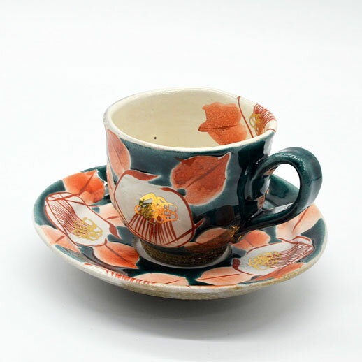 虚空蔵窯 九谷焼 一客コーヒー碗皿 C&S 釉彩椿 カップ 誕生日プレゼント クリスマスプレゼント 土物 金彩