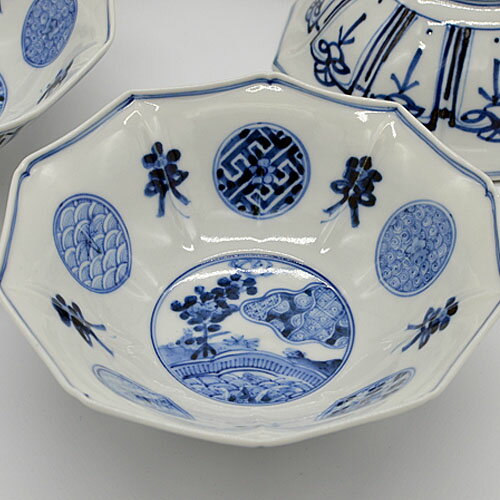 九谷焼 青華祥瑞手豊穣文 山本長左 九谷焼 皿 鉢揃 青華祥瑞手豊穣文 山本長左 5個組