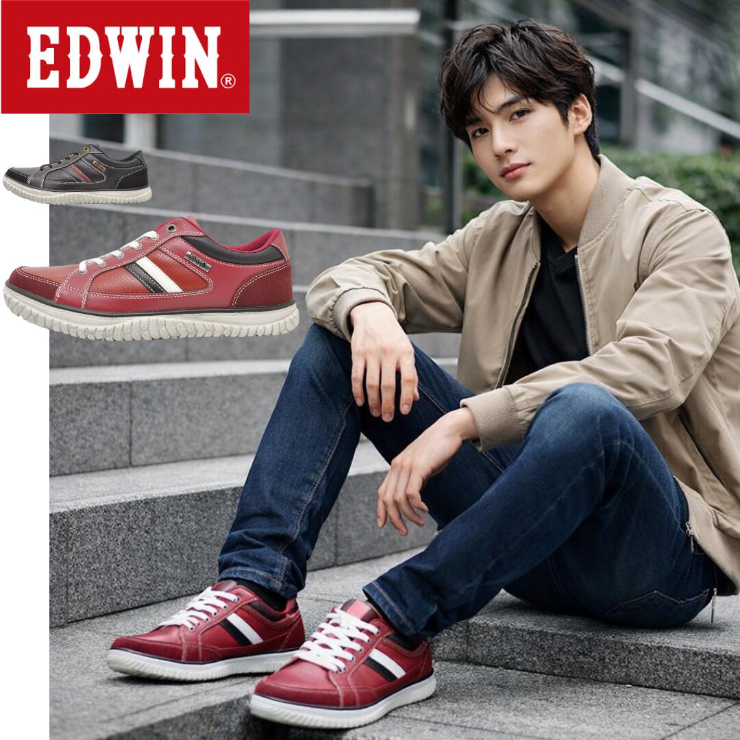 エドウィン/ EDW ED 7747 ブラック 黒 レッド 赤( EDWIN EDW7747 ED7747 )【送料無料 北海道、沖縄県を除く メンズ スニーカー 靴 シューズ メンズシューズ メンズスニーカー カジュアル メンズ 通勤 ウォーキングシューズ 通学 幅広 3E 相当】(後継モデル)