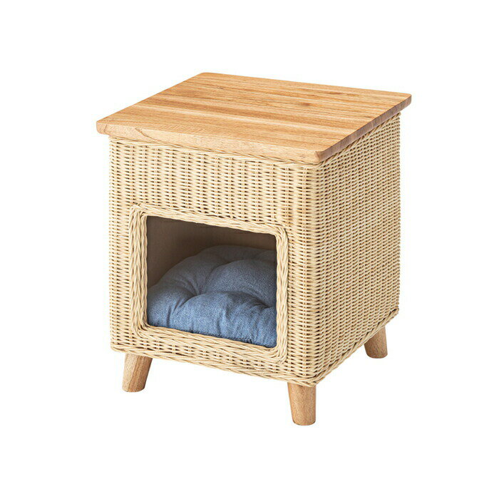 【楽天スーパーSALE10%OFF】ペットハウススツール スツール テーブル ペットハウス ペットベット 犬 猫 ペット クッション付き 脚付き 天板付き 天然木 木製 ラタン