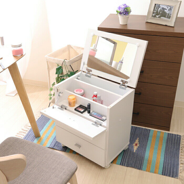 【値下げSALE】ドレッサー 収納 コンパクト キャスター付き コンパクトドレッサー ワゴン 蓋裏 ミラー フラップ扉 作業スペース 移動可 リビング サイドテーブル 寝室 新生活 一人暮らし シンプル