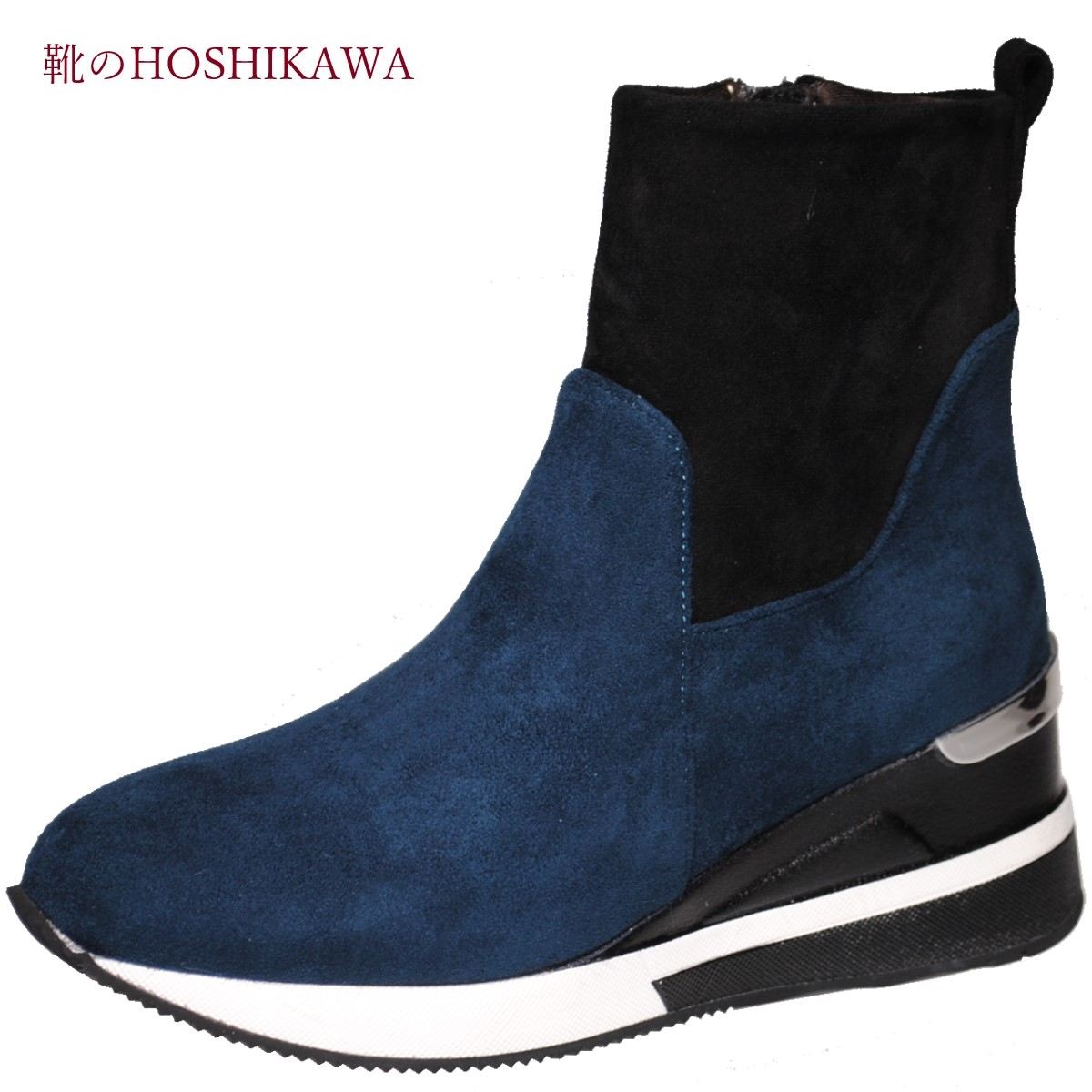 【靴のHOSHIKAWA】 『maaRu 600』レディース ショートブーツS M L LL ネイビー内側ファスナー 厚底合皮 スウェード 秋冬
