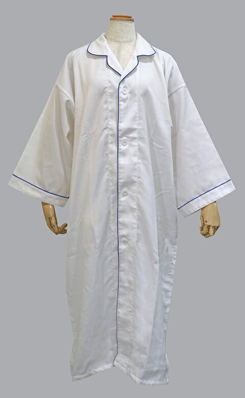 ホテルシャツガウン・ライン・白・バイヤスブルー良い眠りのためのアイテムに【部屋着】【リラックスウェアー】【パジャマ】【ルームウェアー】【旅行】【寝心地】【前開き】【ライン生地】【白】【ガウン】【おしゃれパジャマ】【数量限定】