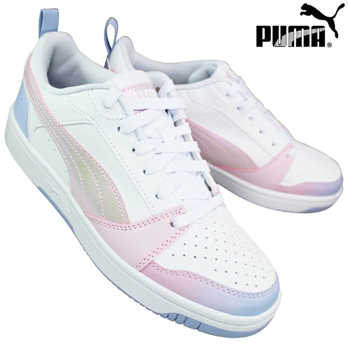 楽天靴ショップ　やまう　楽天市場店【エントリーでポイント5倍⇒6/27（金）1:59迄】 プーマ PUMA スニーカー 400593-01 リバウンドV6 ロウ ブラリードリームス ジュニア ホワイト/ローズ 23cm〜24.5cm キッズ ジュニア レディース バスケットボールシューズ スニーカー 靴 紐靴 運動靴 プーマ400593