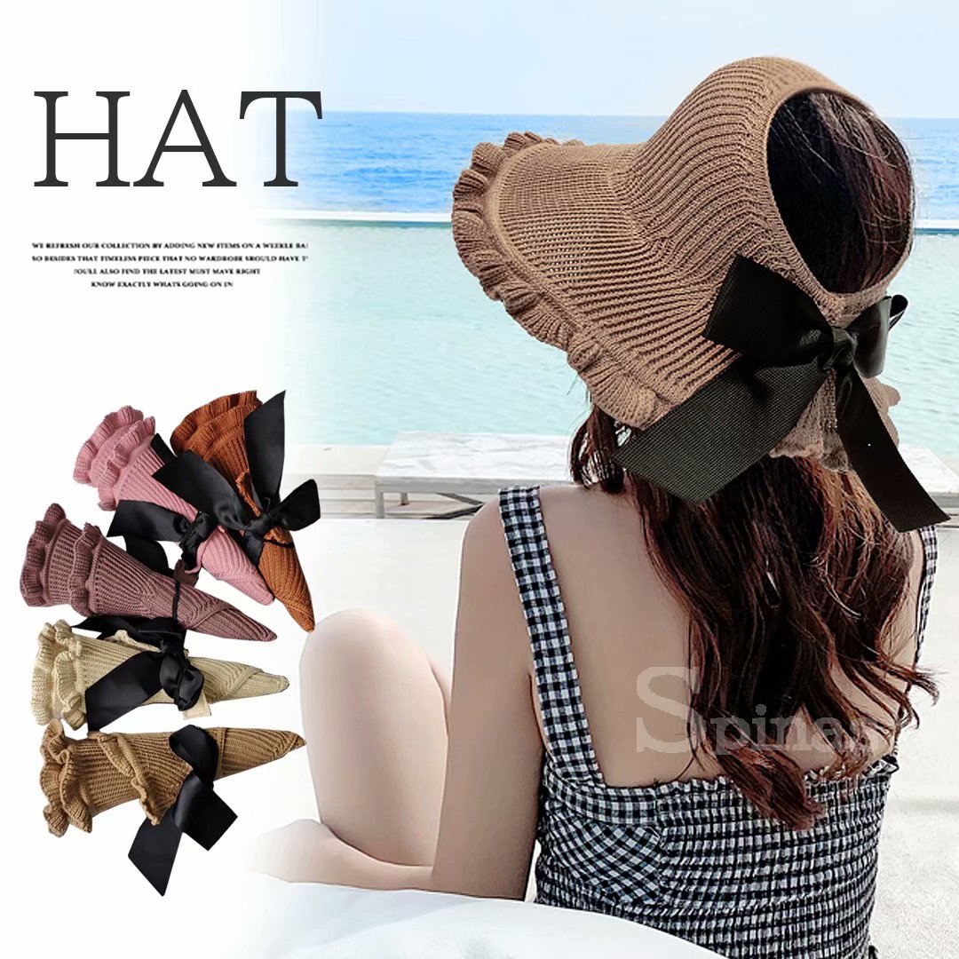 可愛らしさを引き立てます！フリル つば広 ハット サンバイザー 折りたたみ バックリボン あご紐付き 帽子 全5色のサムネイル