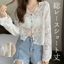 上品な透け感 総レース ショート丈カーディガン 透かし レース編み サマーニットショートカーディガン 羽織り アウター コンパクト サマーニット 透け レース 長袖 リブ Vネック