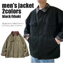 メンズ ワークジャケット ビッグシルエット ブルゾン 襟 袖口 チェック柄 切り替え 全2色(ブラック カーキ)