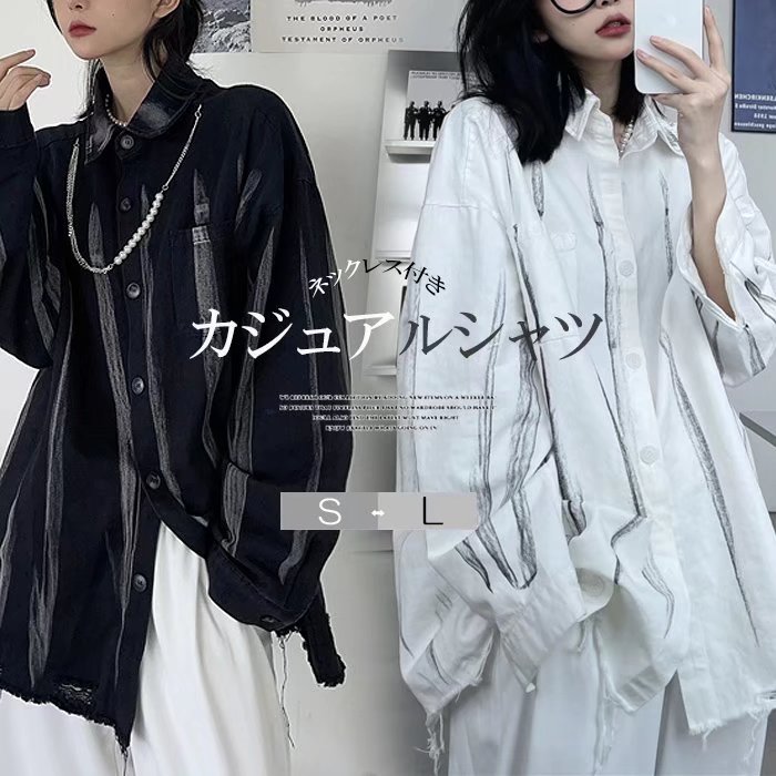 印象的なストライプ柄がコーデのポイントに！ネックレス付き オーバーサイズ ゆったり シャツ トップス..