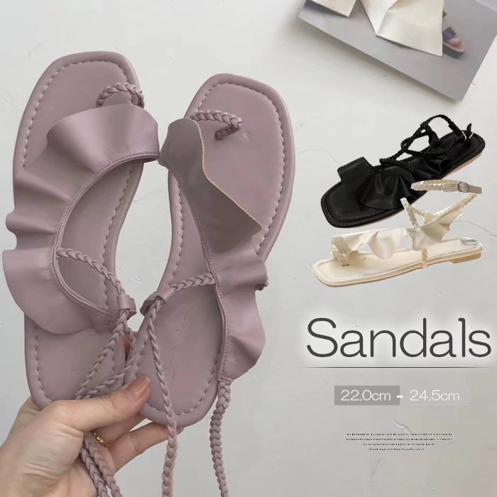 フリルで女の子らしさを忘れない！フリルサンダル トングサンダル シュール ぺたんこ レディース フラット 編み上げ アンクル レースアップ スリッパ ビーチ カジュアル 夏 フリル 可愛い