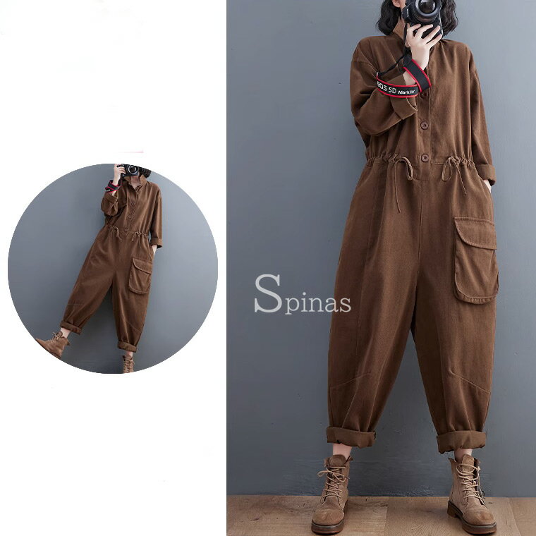 ウエスト紐が美シルエットのポイント 30代 40代 50代 ゆったりサルエル調のお洒落ツナギ レディース つなぎ 長袖 オールインワン ジャンプスーツ カーキ グリーン ブラック 立ち襟 スタンドカラー 立衿 美大生 アウトドア キャンプ 送料無料