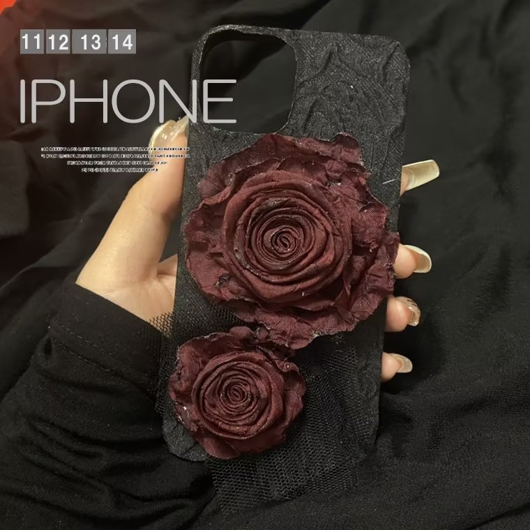 乐天商城 - 新機種追加 iPhone14シリーズ対応！ローズ 立体的 花 ロリータ風 ブラック 携帯ケース スマホケース iPhone13/12/11/Pro/ProMax